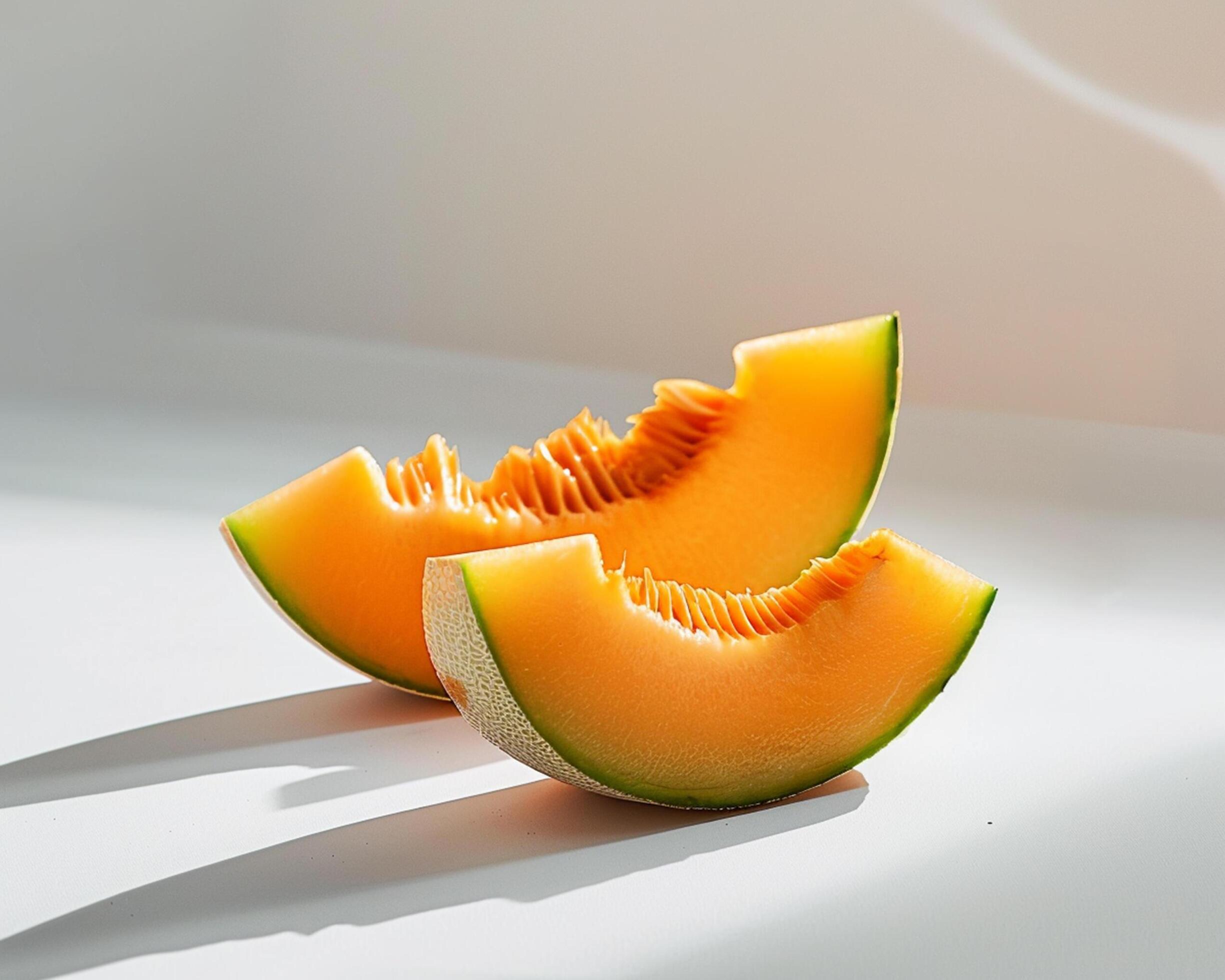 two slices of melon on a white surface Stock Free