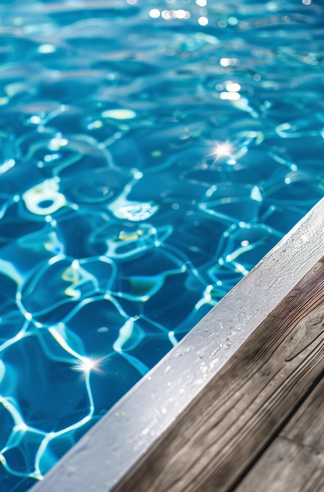 Close-Up View of a Wooden Deck Bordering a Blue Swimming Pool Stock Free