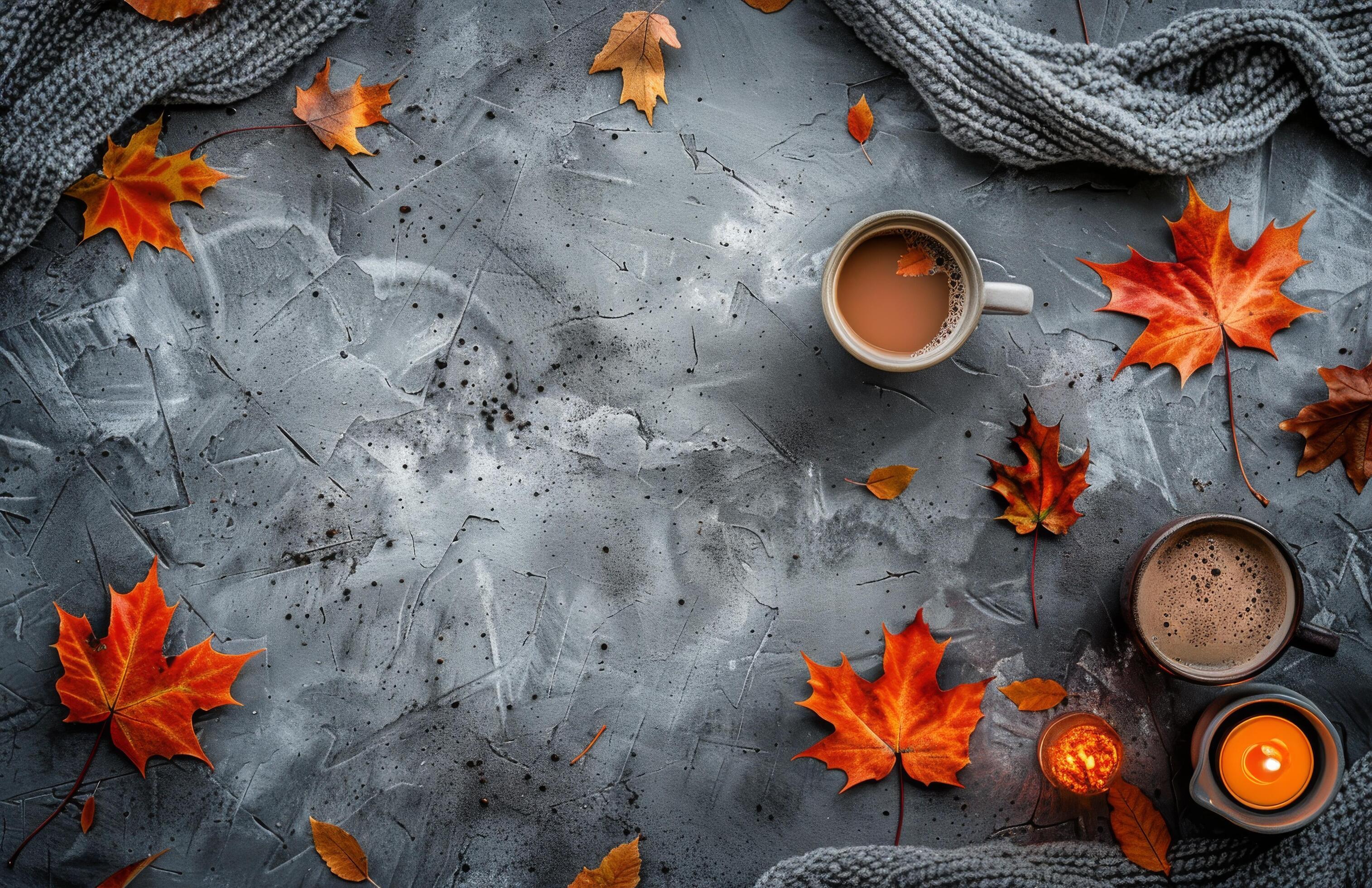 Cozy Autumn Flat Lay With Coffee, Candles, and Leaves Stock Free