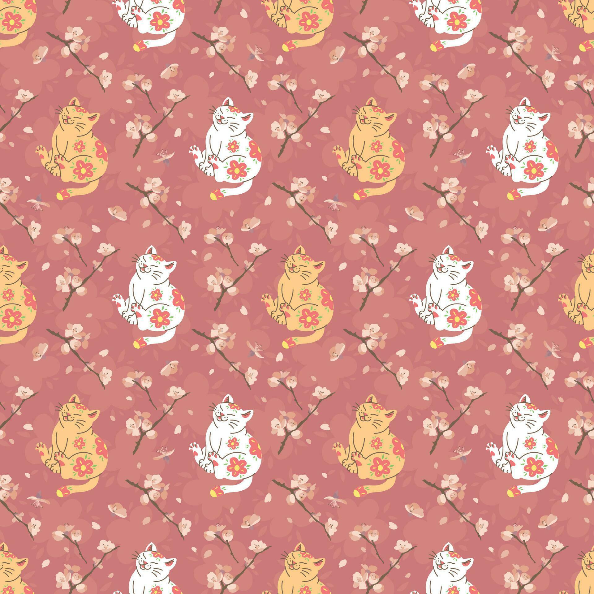 JAPANESE STYLE WHITE AND ORANGE CAT WITH SAKURA FLOWERS IN BROWN BACKGROUND SEAMLESS PATTERN DESIGN. Stock Free