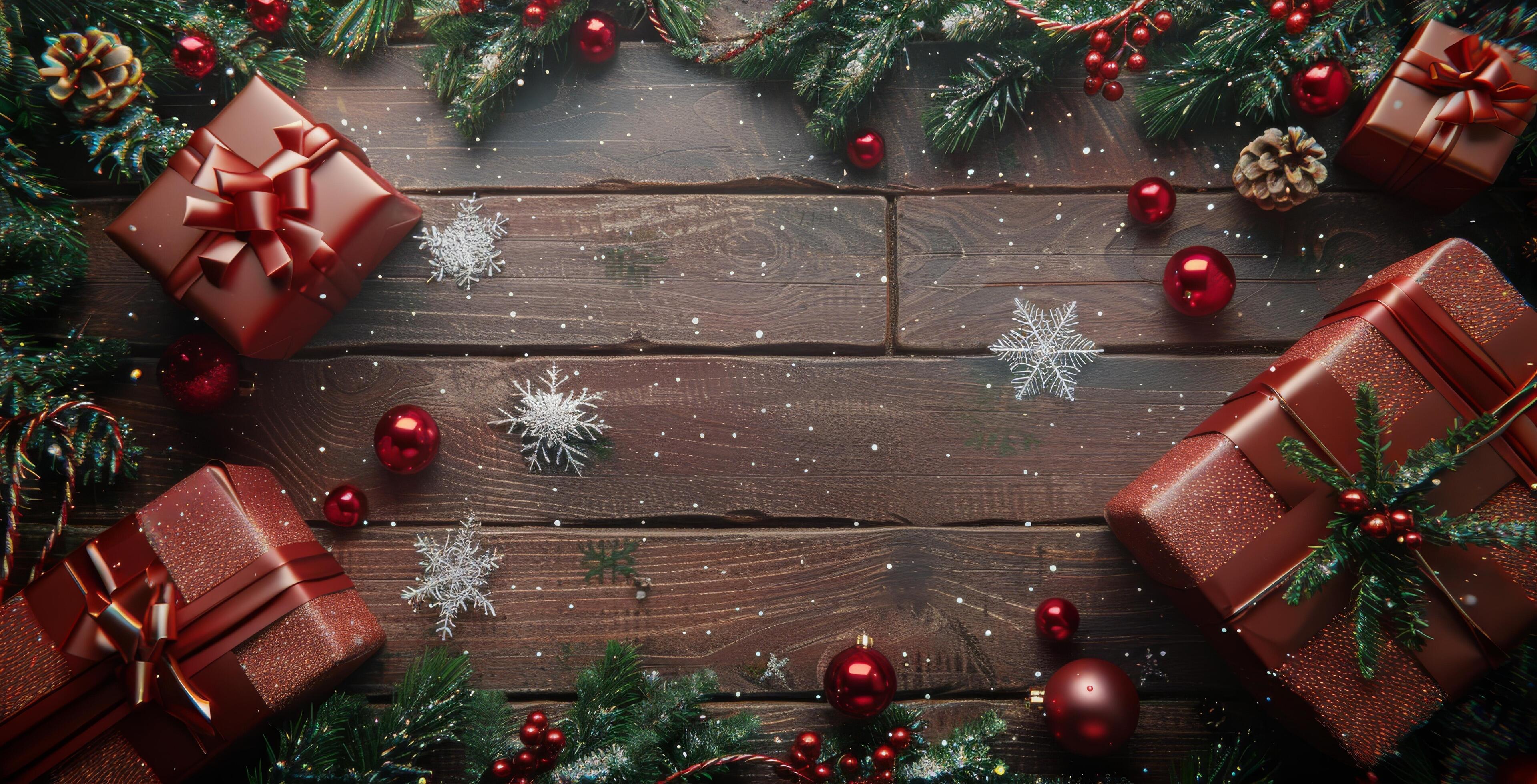 Red Gift Boxes With Pine Sprigs On Wooden Background With Snow Stock Free