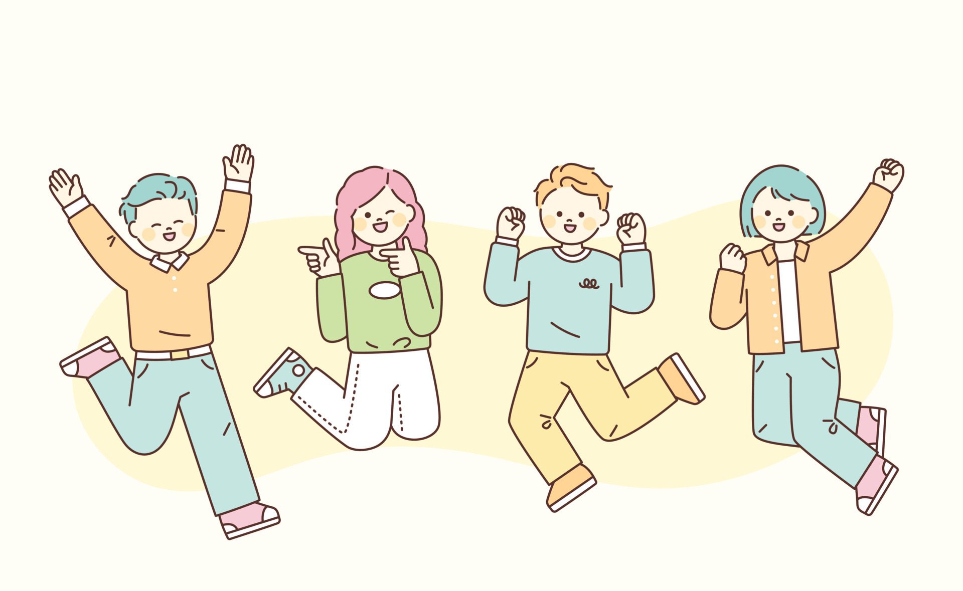 Cute young people jumping and smiling. flat design style vector illustration. Free Vector