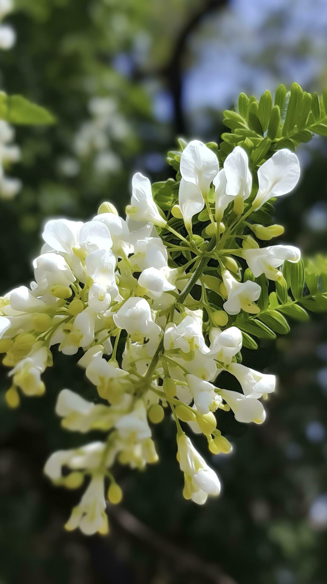 The green Sophora japonica trees are full of white Sophora japonica flowers, generate ai Stock Free