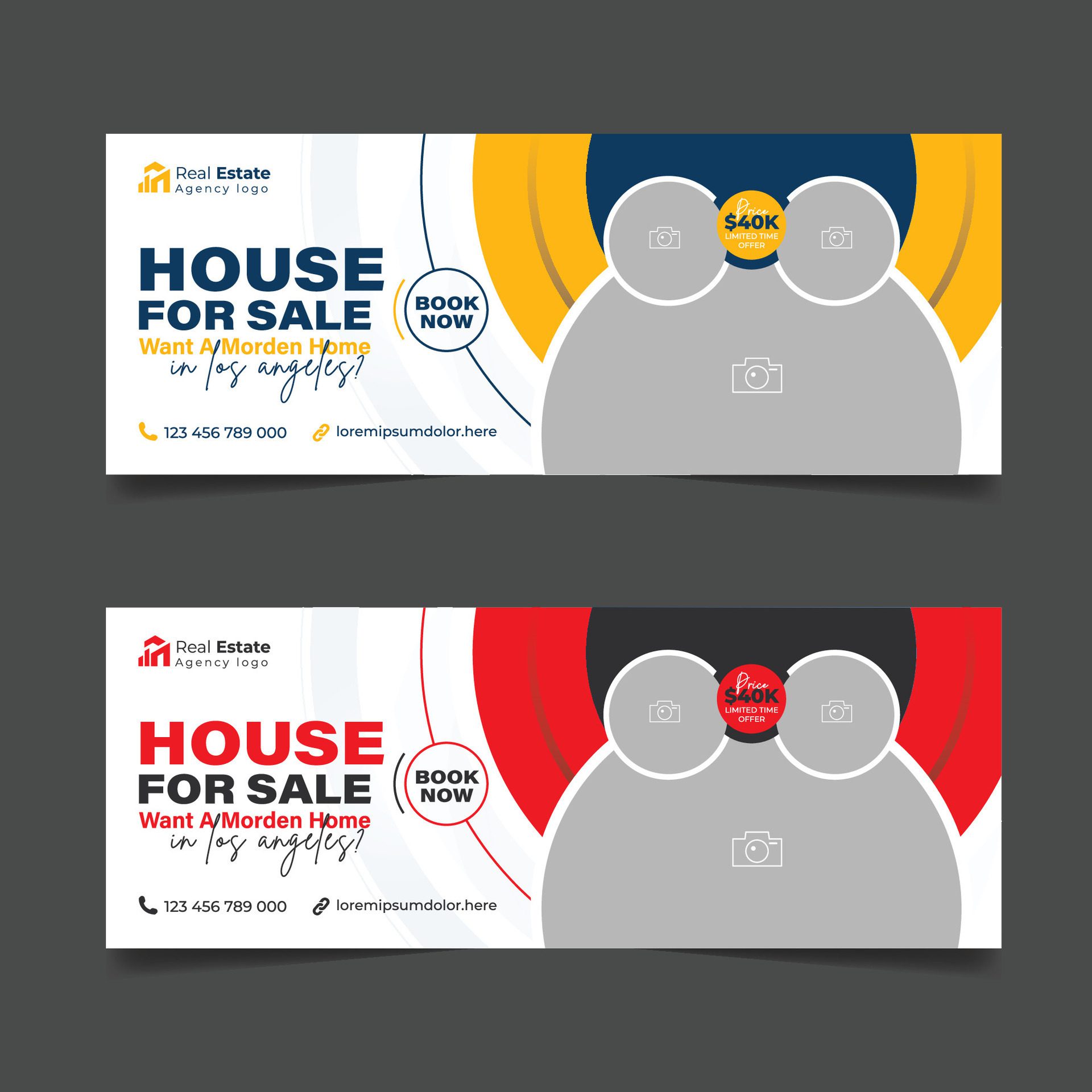 Real estate business agency cover page banner design, House property sale advertising horizontal template. Free Vector