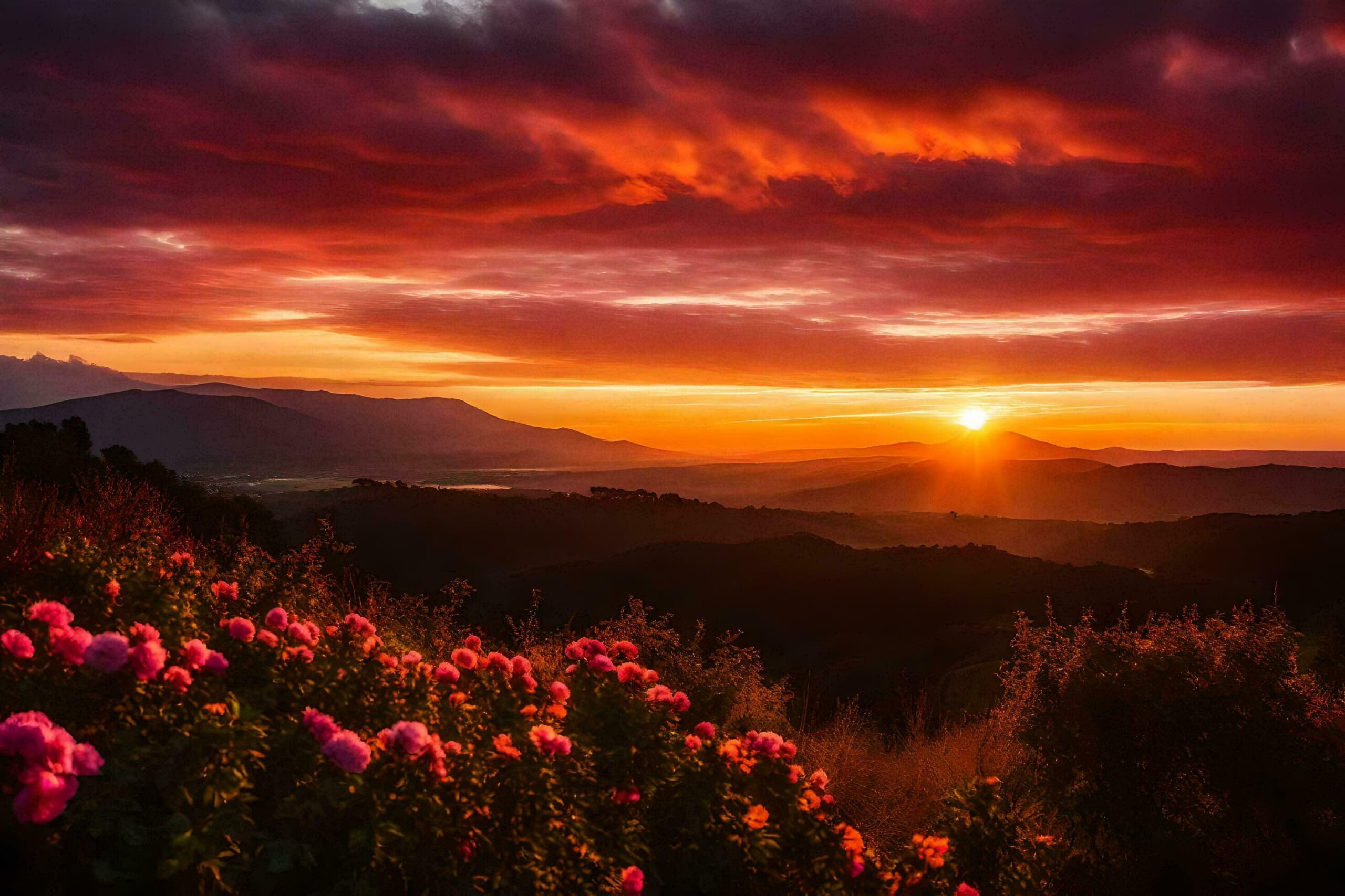 the sun sets over a beautiful landscape with pink flowers Free Photo