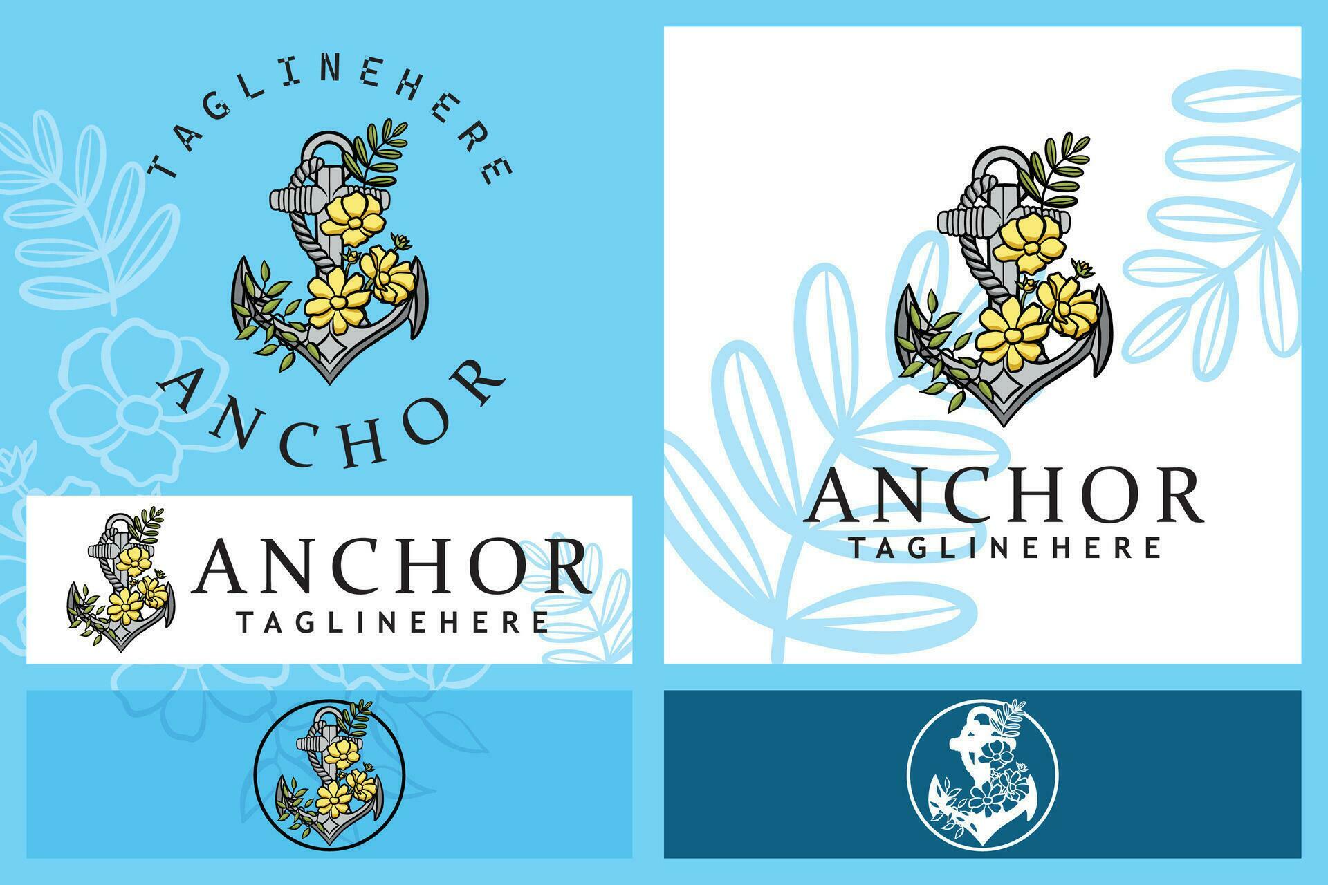 Anchor, flower. Summer illustration, icon set in blue. Marine collection. for tattoos and logos Stock Free