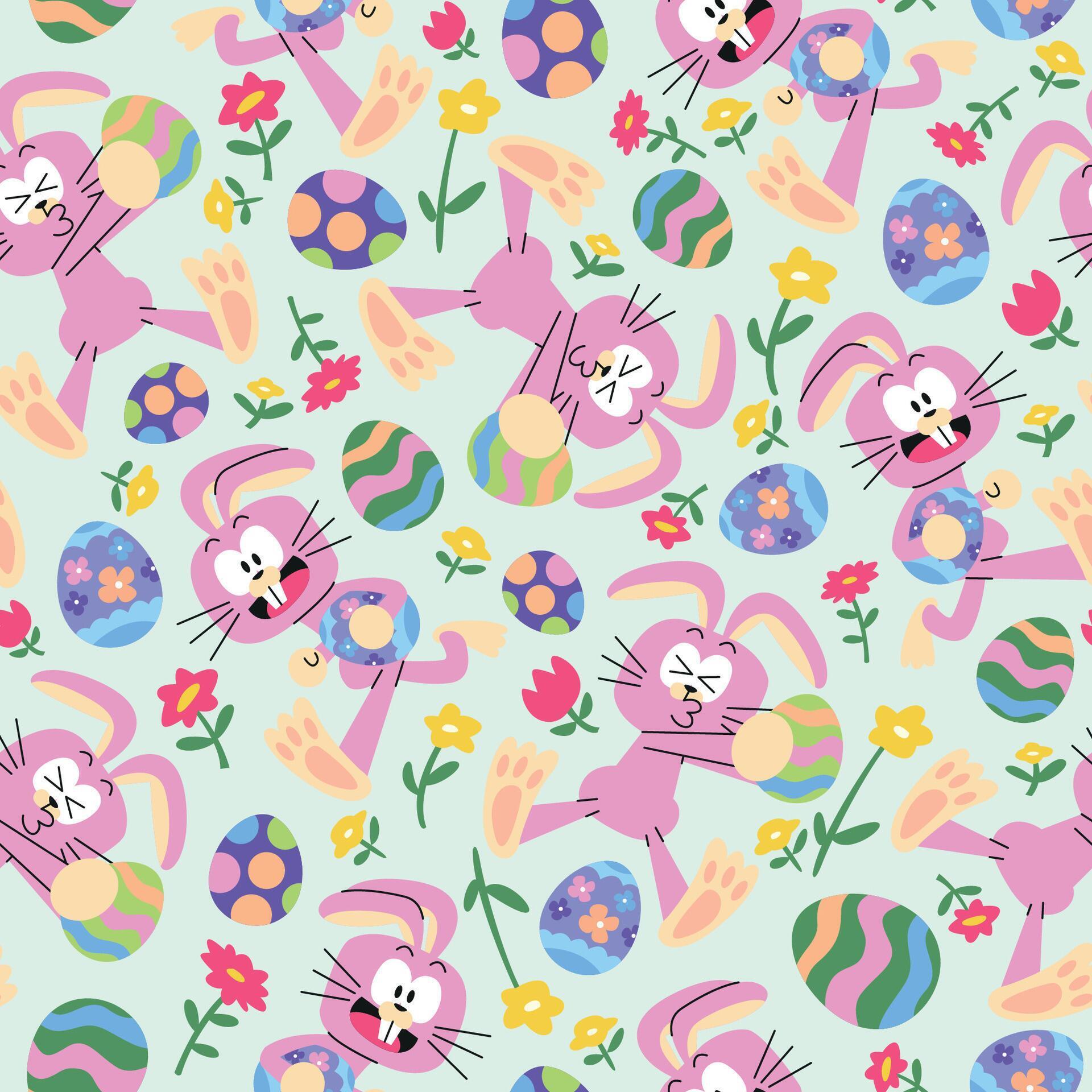 FUNNY PINK EASTER BUNNY WITH EGG AND FLOWERS SEAMLESS PATTERN Stock Free