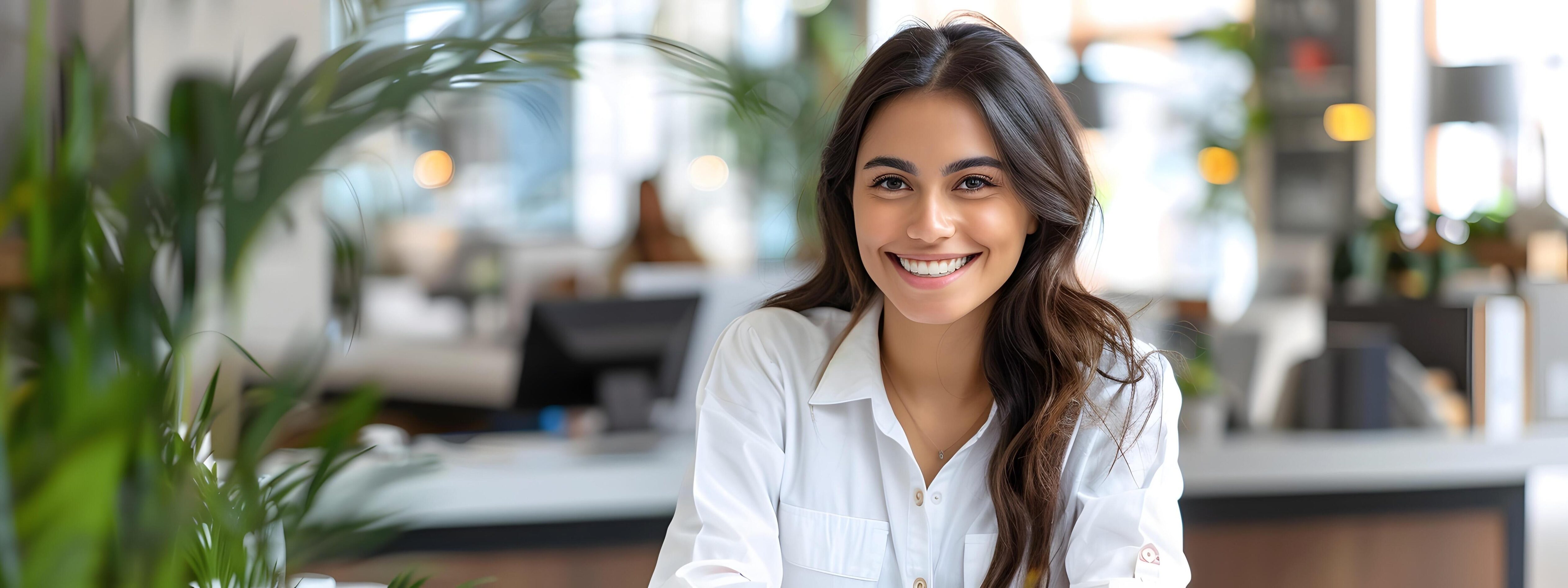 Welcoming Young Professional Woman Smiling at Desk in Modern Office Interior Stock Free