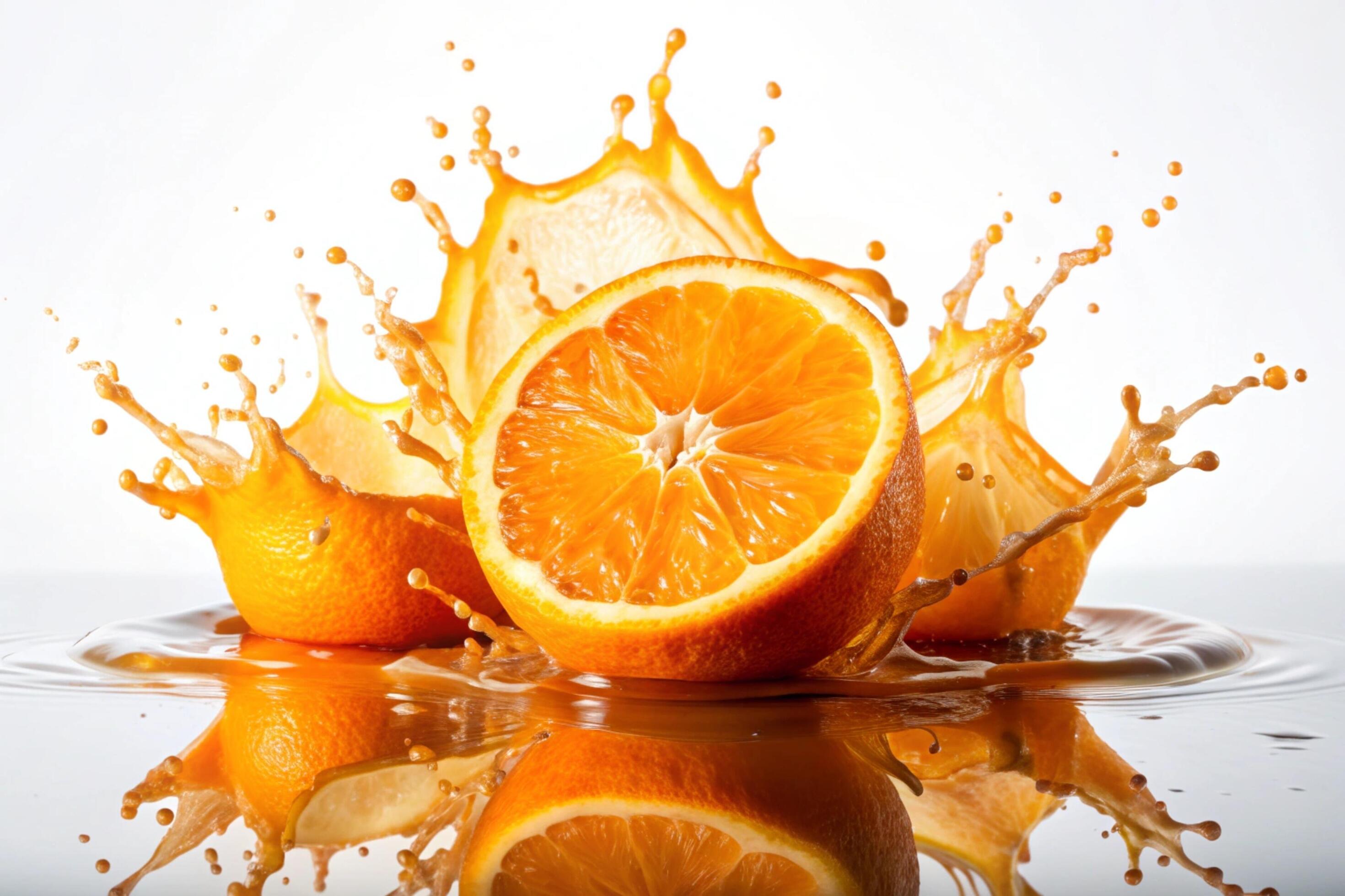 Orange juice splashes on white background Stock Free