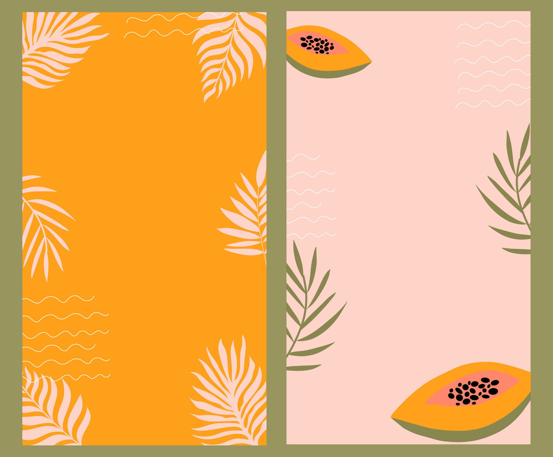 Colourful summer templates with copy space. Handdrawn vertical banners with palm leaves and papaya. Free Vector