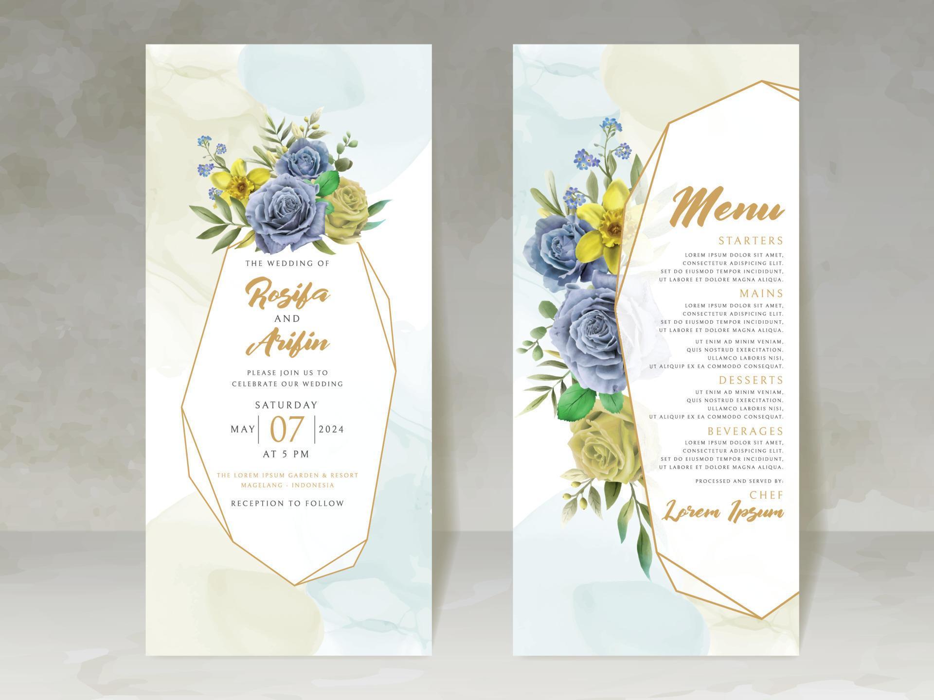 elegant wedding invitation card with blue and yellow flowers Stock Free