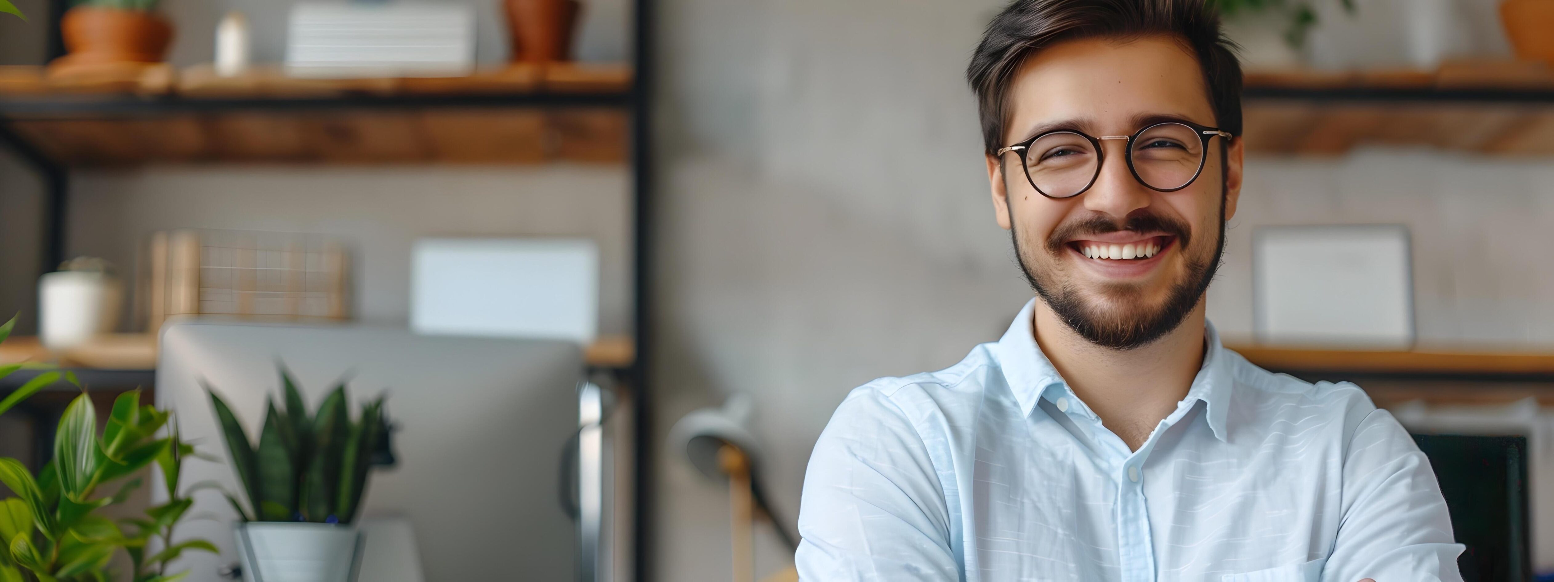 Confident Young Businessman Smiling in Modern Office Setting Stock Free