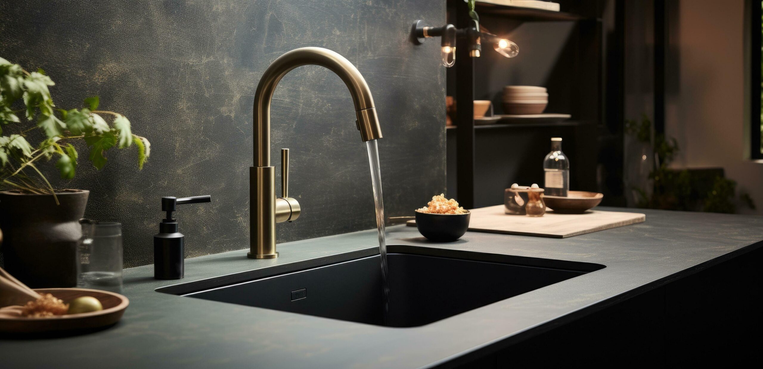 a black brass kitchen faucet with a brass trim Free Photo