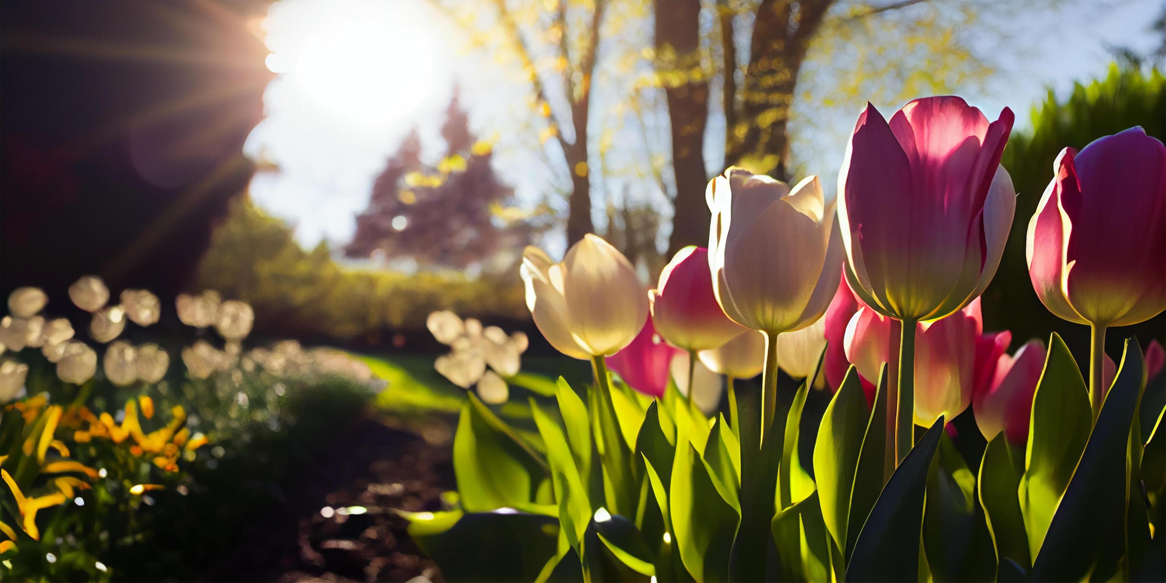 Colorful tulip flowers landscape background on a garden sunny day. . Stock Free