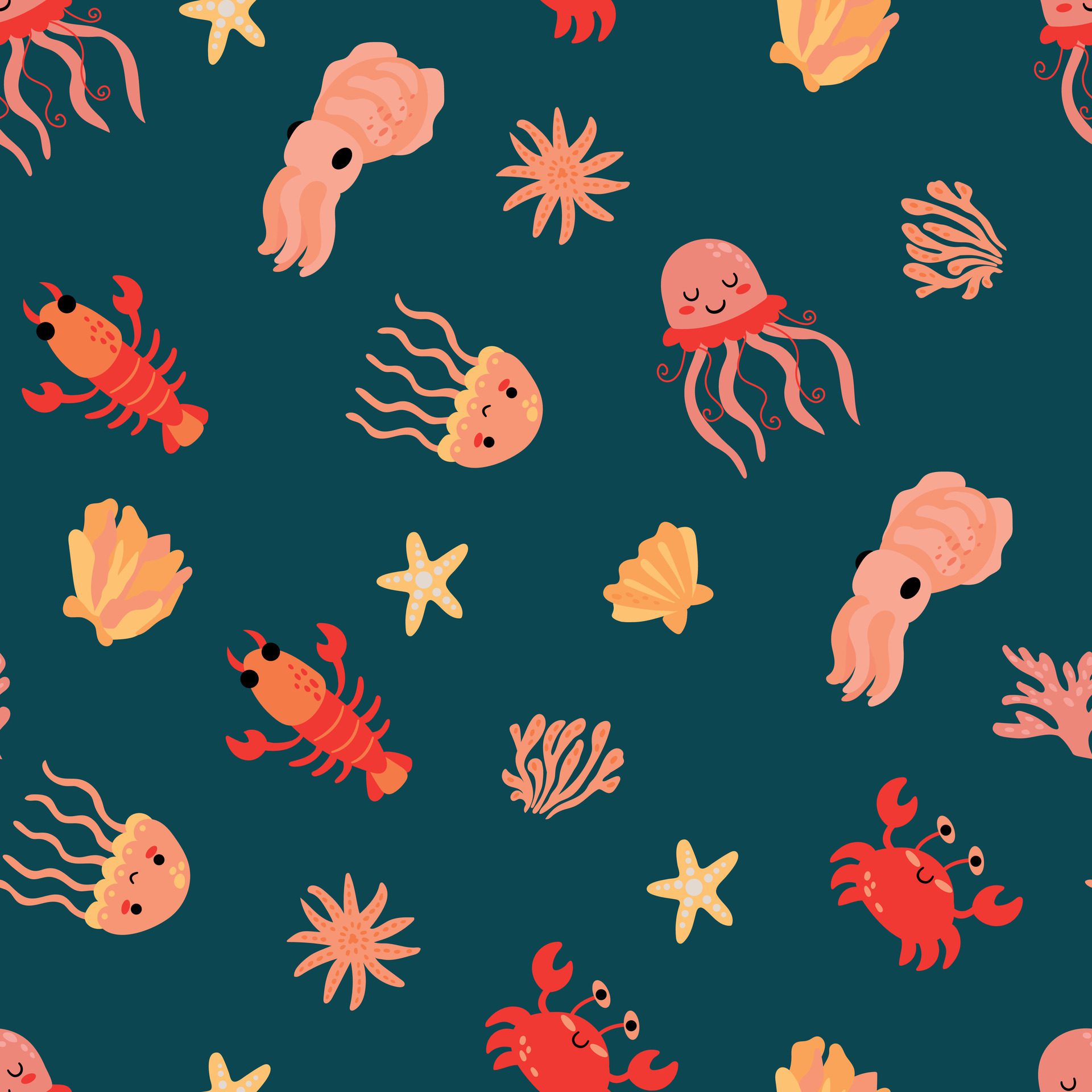 Seamless pattern with sea animals. Crab, crayfish, cuttlefish, jellyfish. Endless design for your design. Free Vector