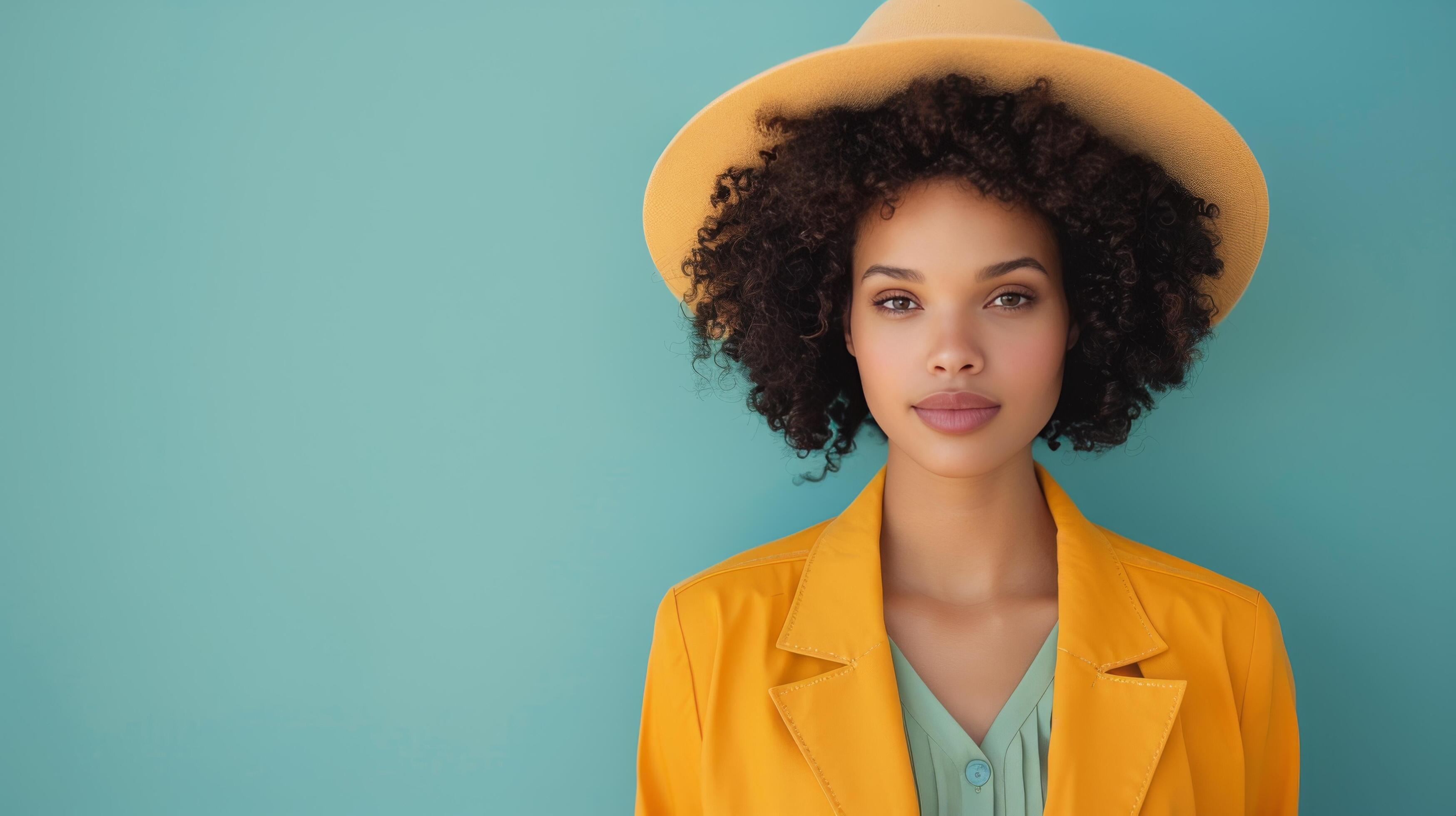 
									Young Woman in Yellow Sweater and Hat Posing Against Bright Yellow Background Stock Free