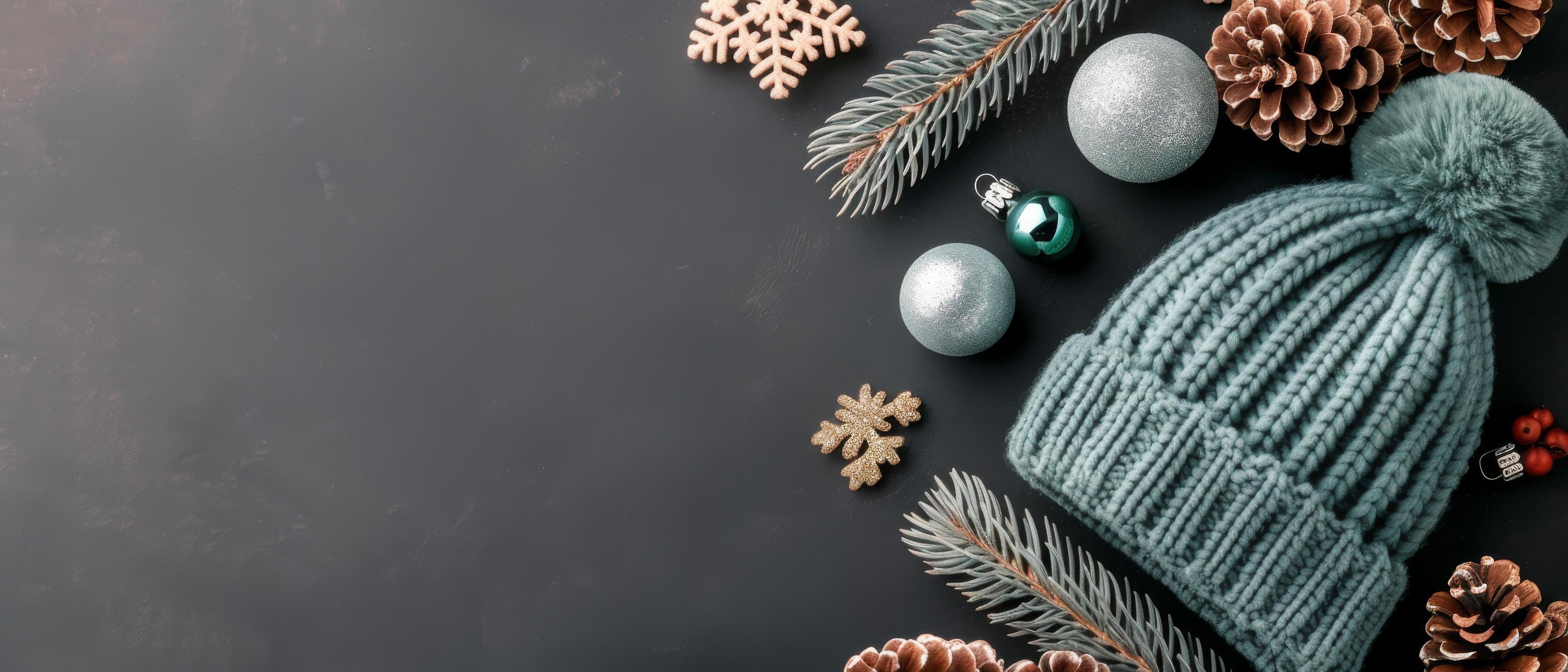 Cozy Winter Accessories With Pinecones and Holiday Ornaments on Dark Background Stock Free