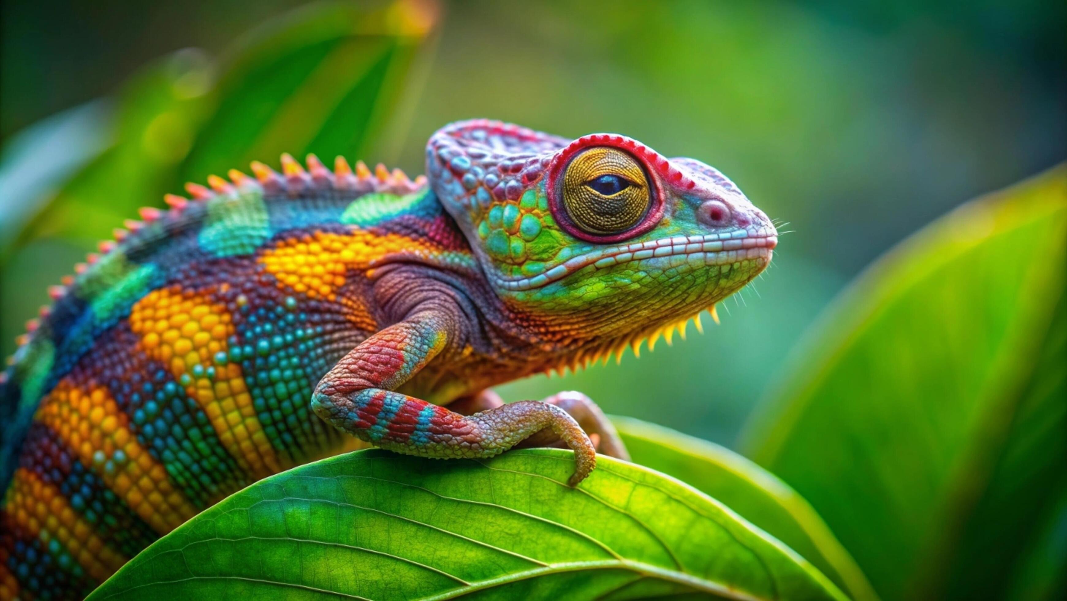 A vibrant chameleon camouflaging against a lush green forest background. Stock Free