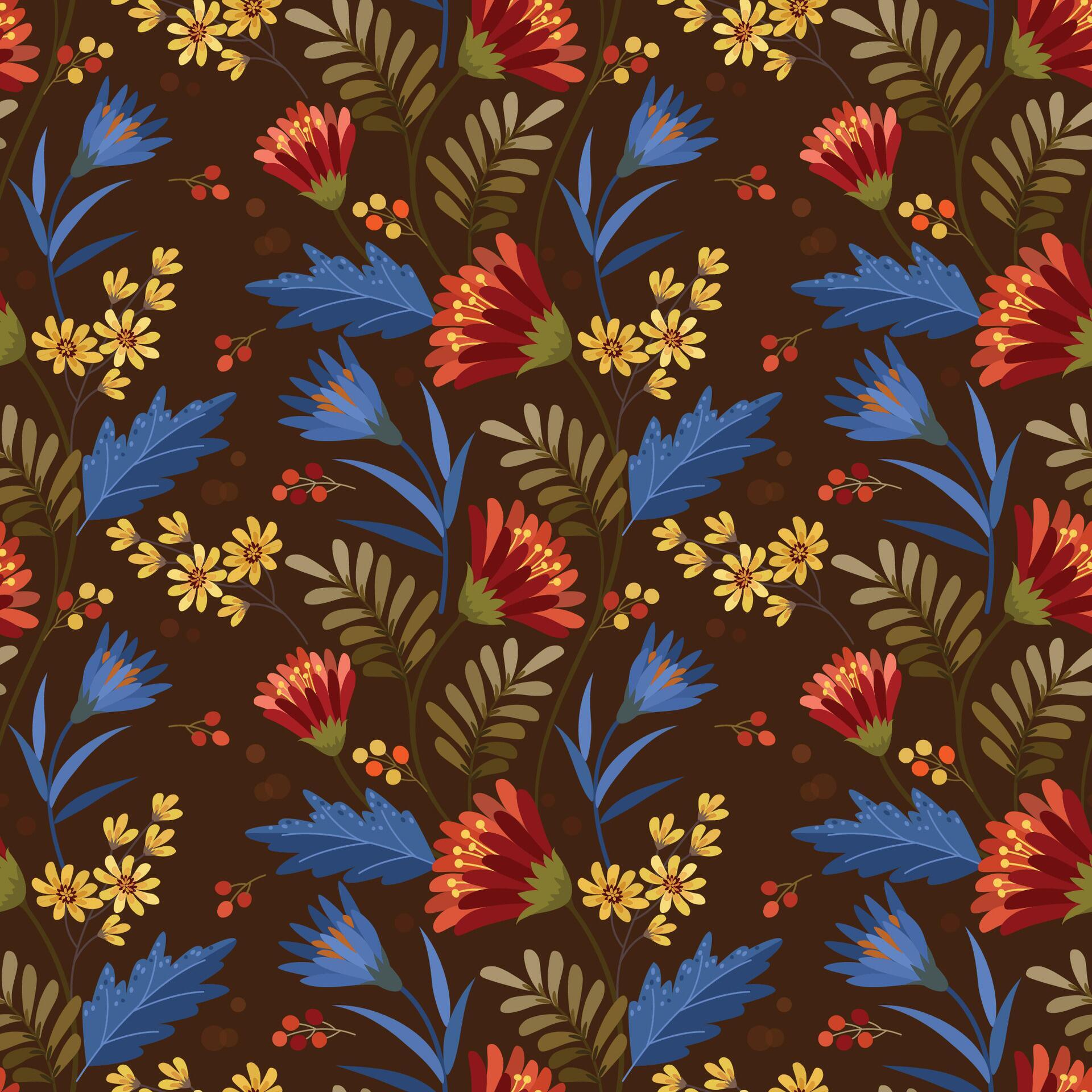 Red and yellow flowers design on brown color background. Stock Free