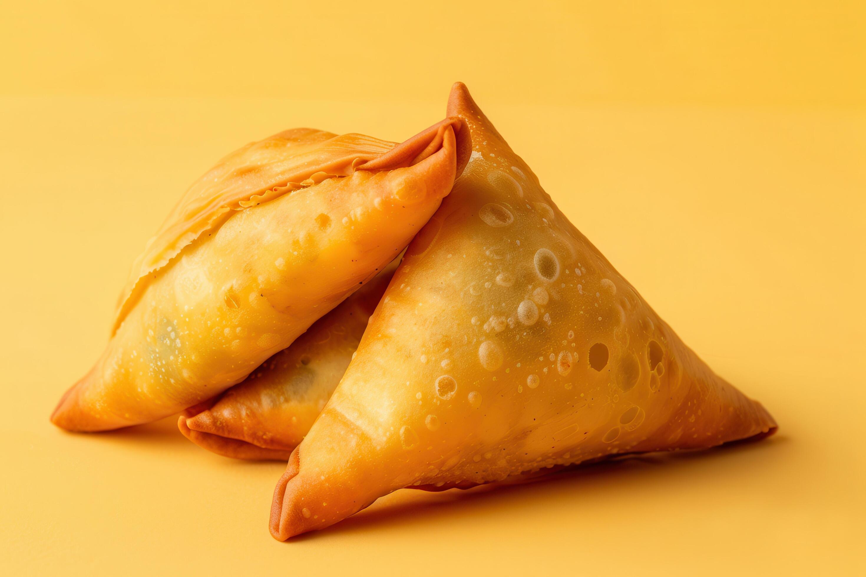 Three Golden Brown Samosas on a Yellow Background Stock Free