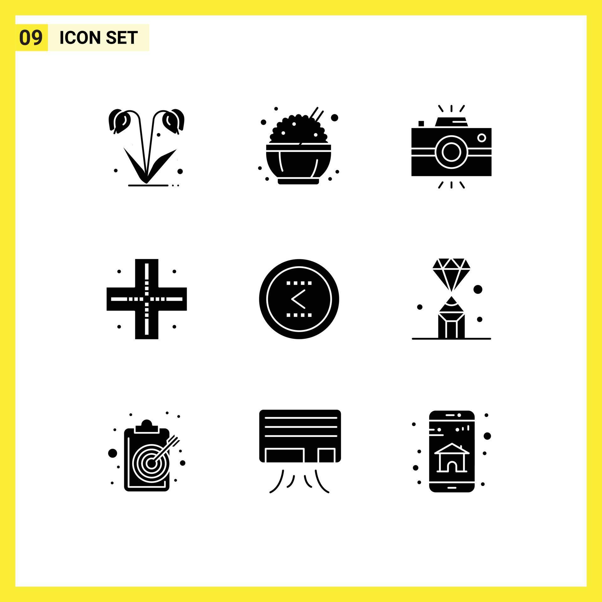 Pack of 9 creative Solid Glyphs of interface arrow camera technology map Editable Vector Design Elements Stock Free