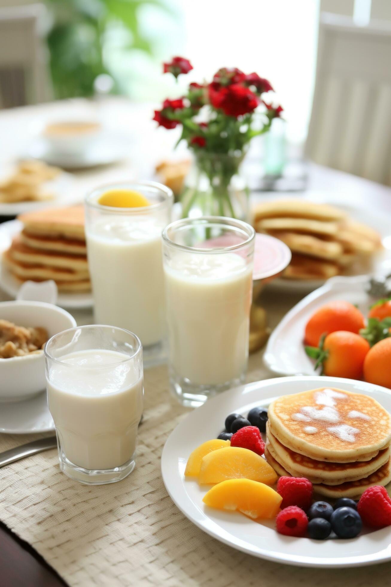 Weekend morning, a cozy breakfast spread, laughter, and the warmth of togetherness Free Photo