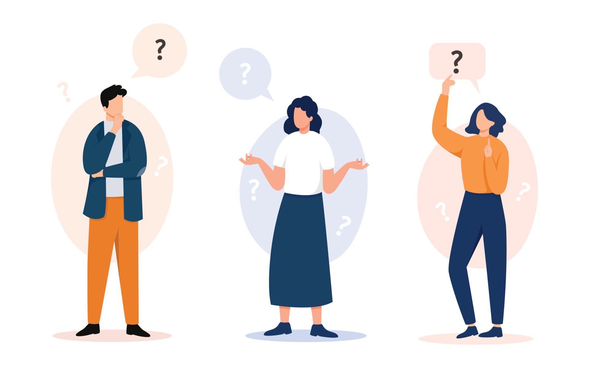 People asking questions illustration. Cartoon character thinking – trying to find a solution with question mark. Vector illustration. Pro Vector