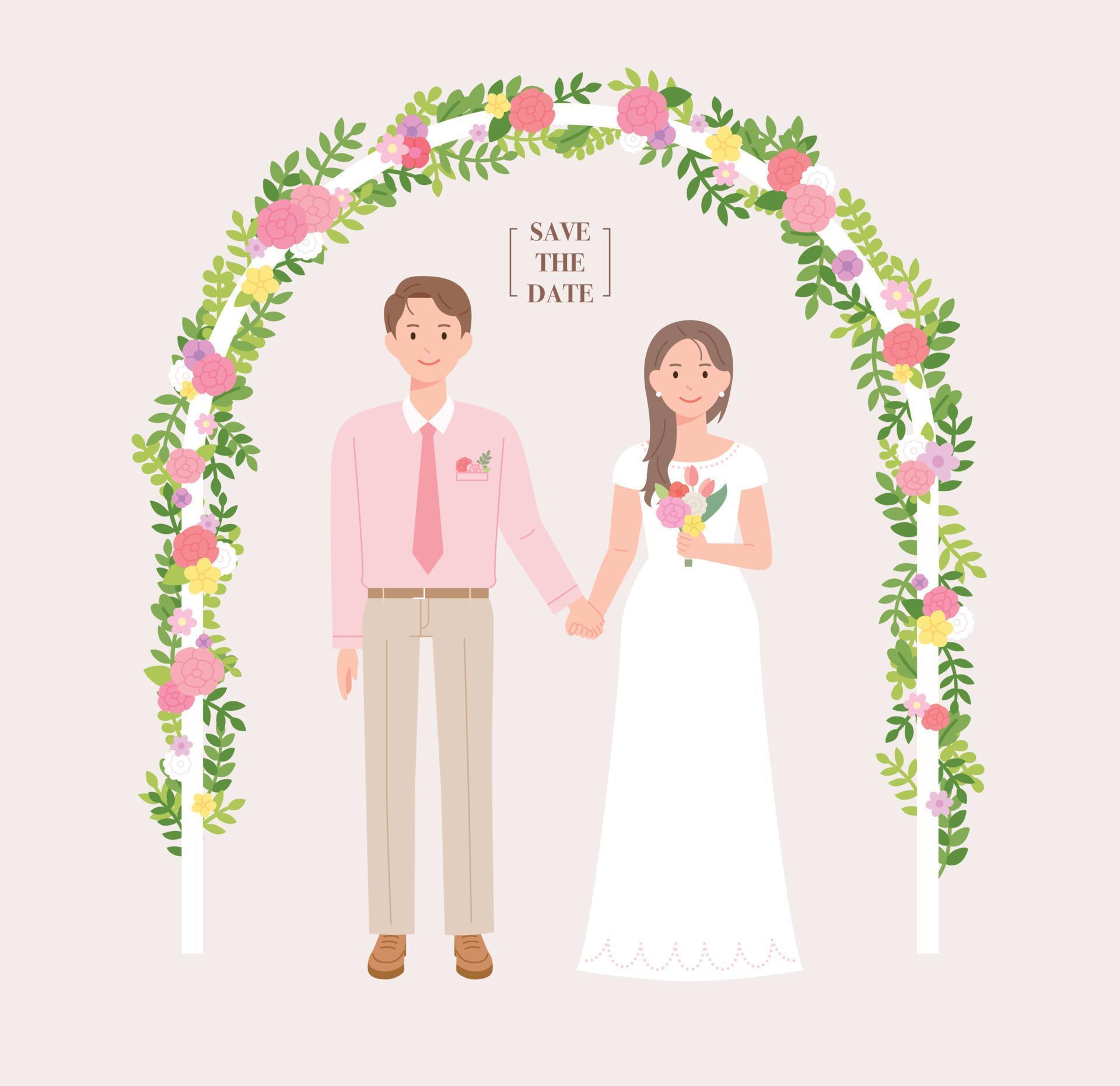 Bride and groom characters holding hands under an arch decorated with flowers. Stock Free