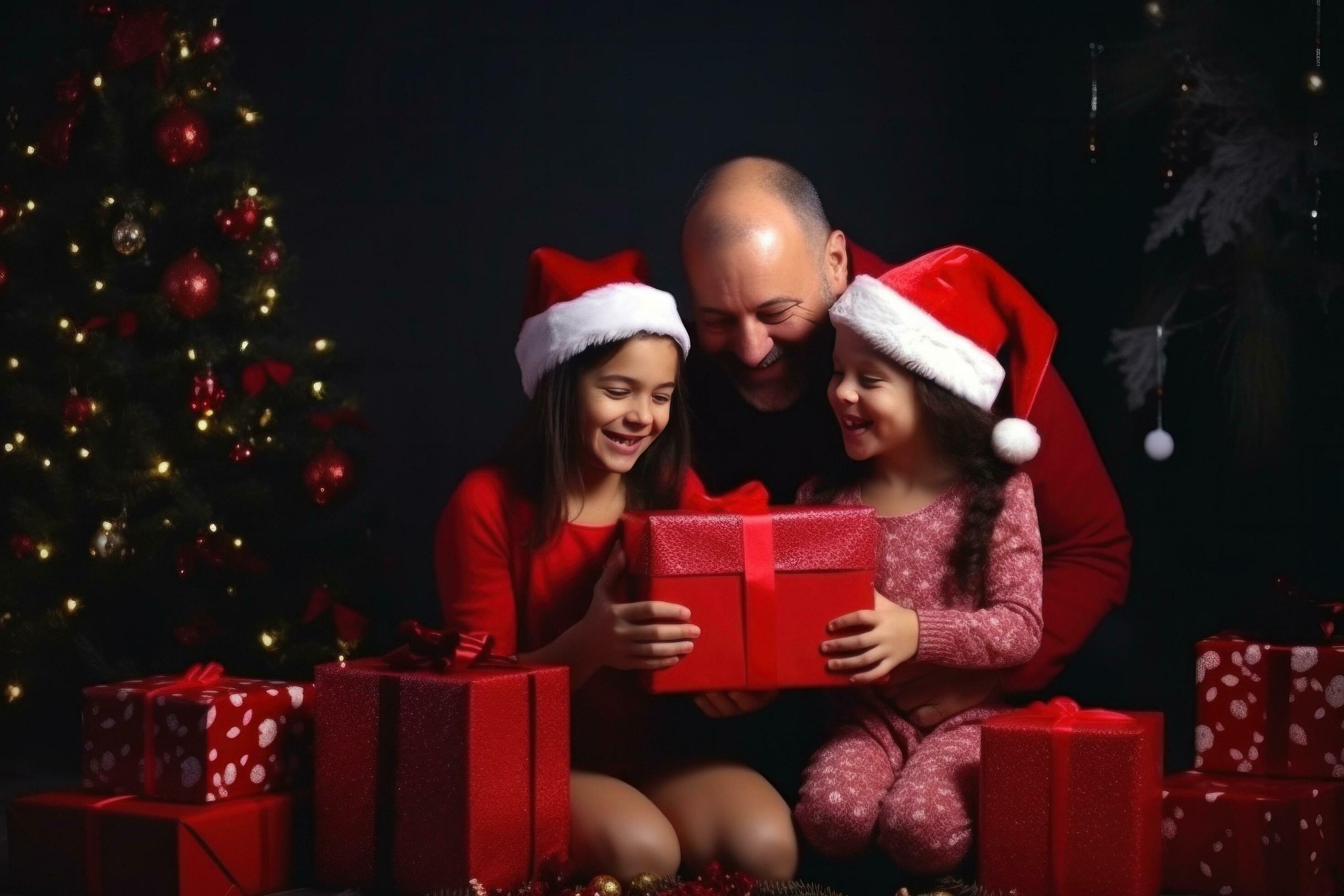 AI generated happy family with Merry Christmas magic gift near tree at evening at home Stock Free