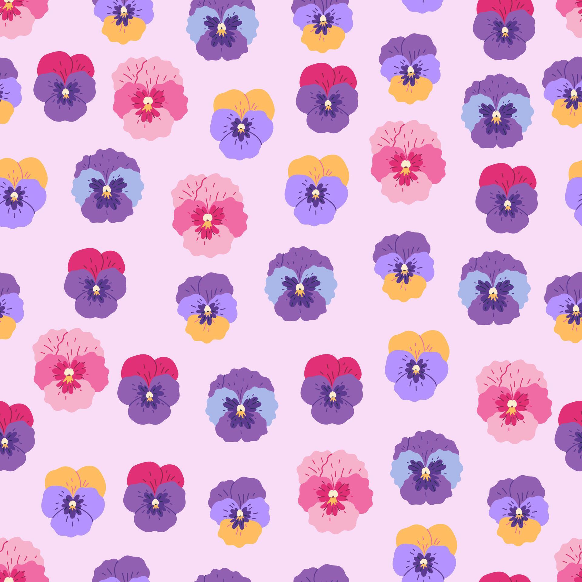 Seamless pattern with pansy flowers on a pale pink background. Vector graphics. Stock Free