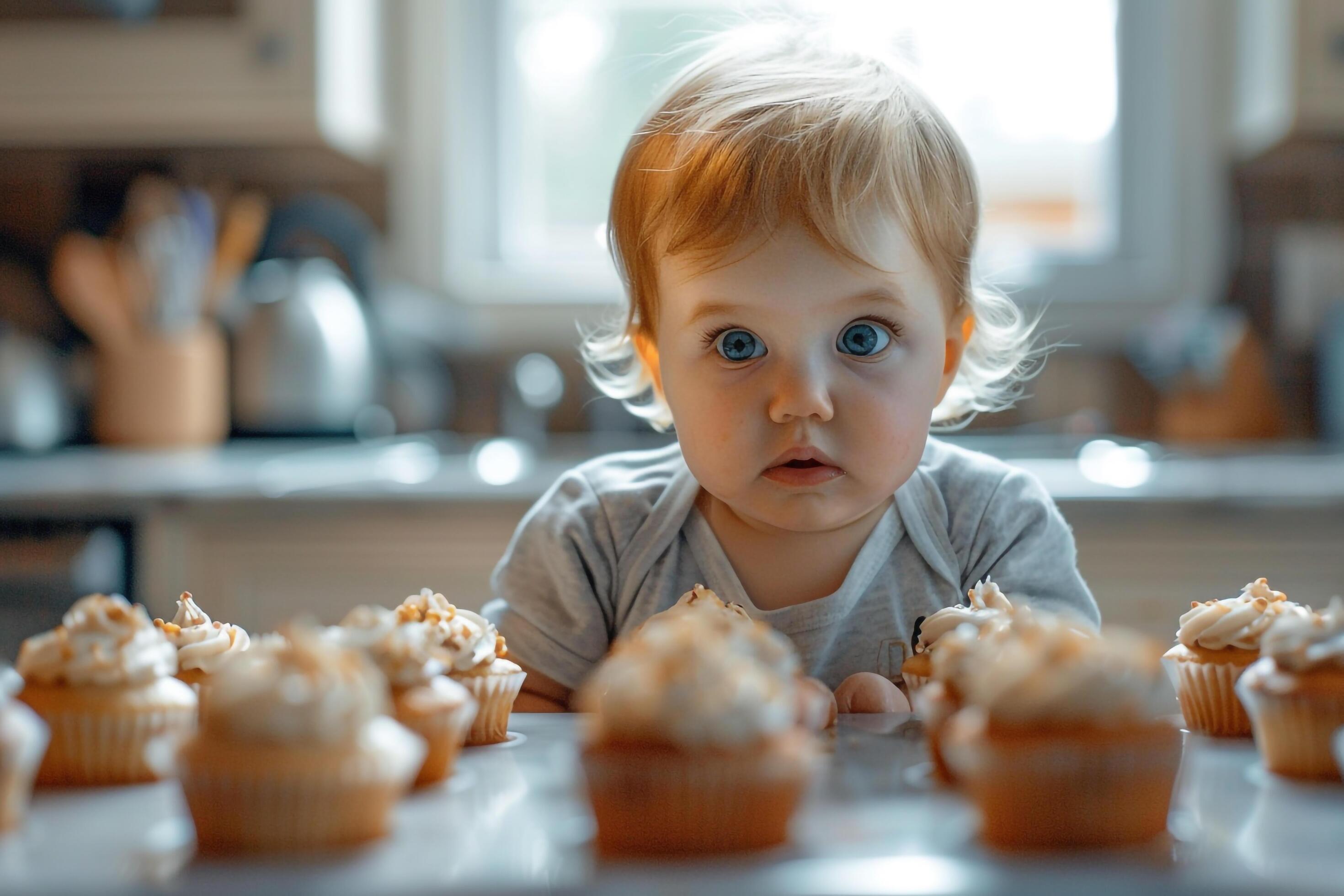 Baby Engaged in Baking Cupcakes in a Kitchen for Family Cooking Fun Stock Free