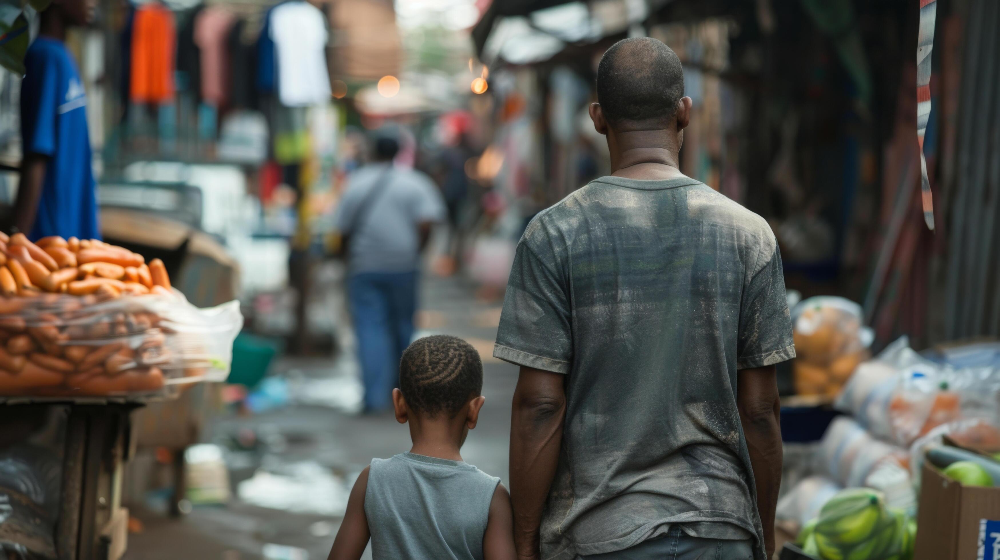 A father and son walk through a bustling market, highlighting family bonds and daily life in a community setting. Stock Free