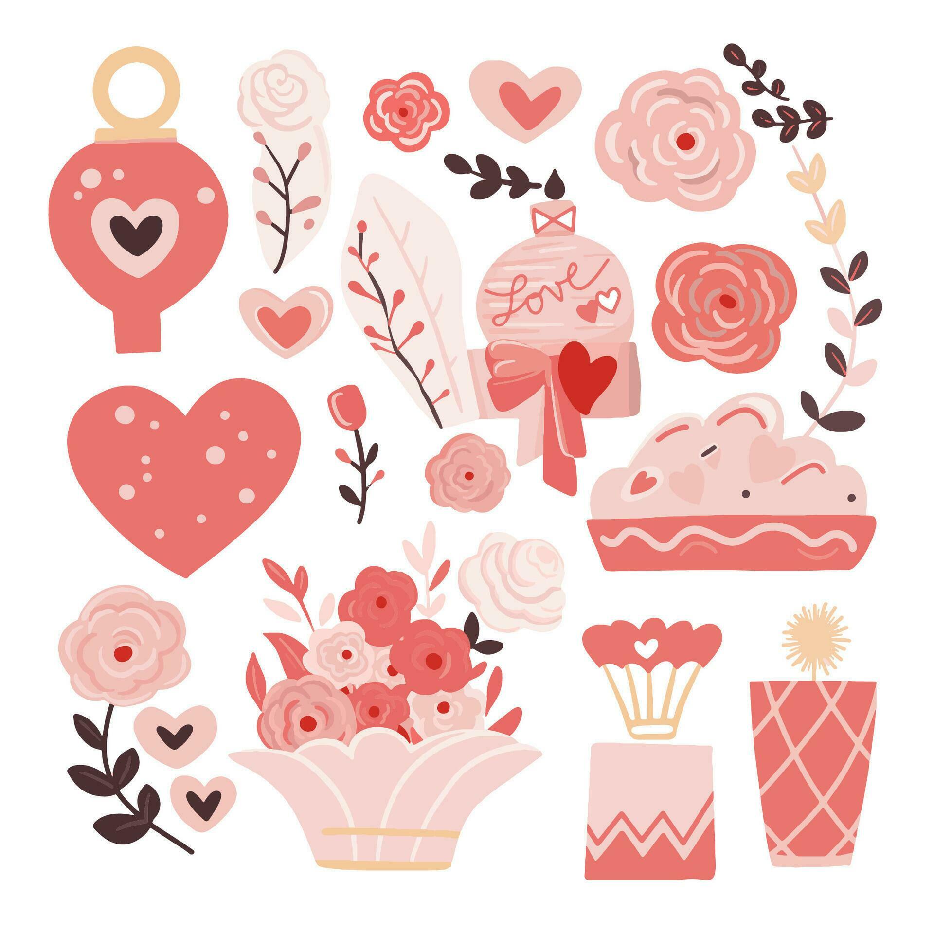 Set of elements for Valentine’s Day. Heart, car, balls, flowers, garland, sweets on a white background. Love stickers set. Stock Free