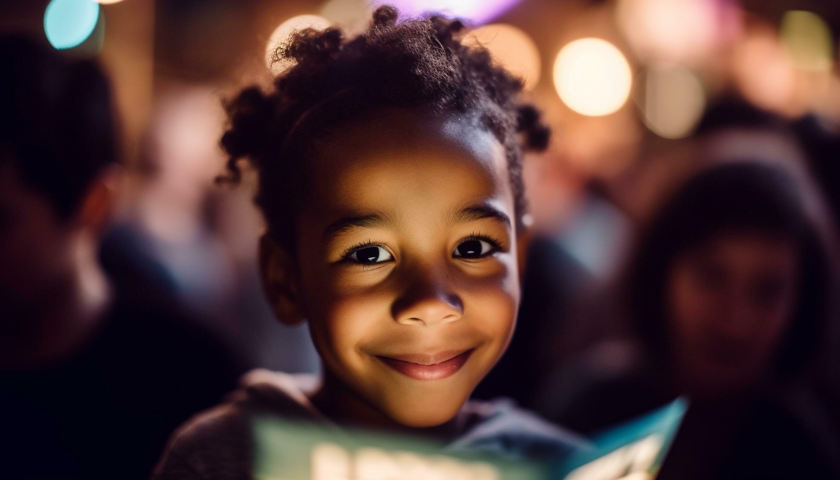 African American child smiles joyfully, surrounded by loving family outdoors generated by AI Stock Free