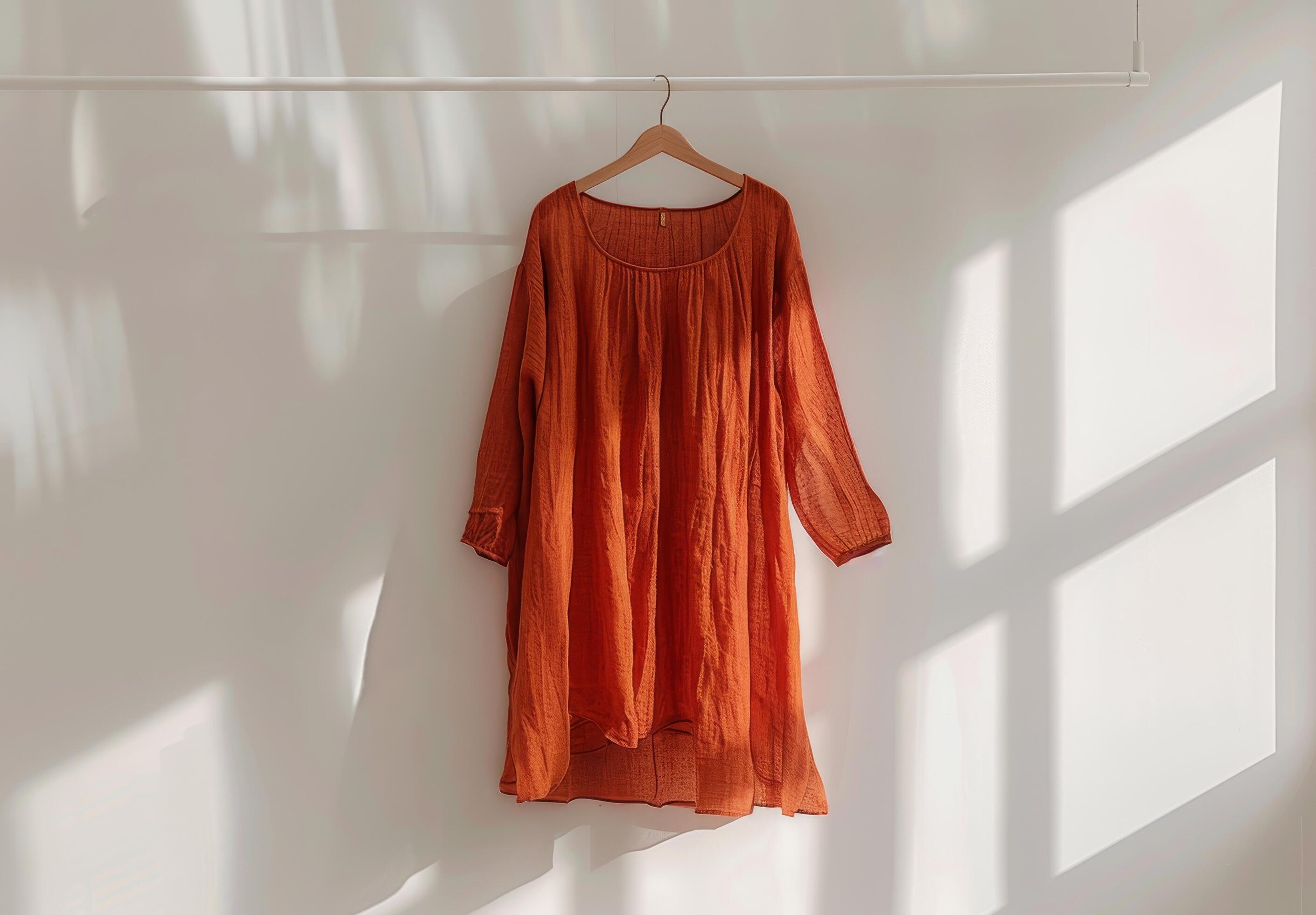 Orange Long Sleeve Dress Hanging on Hanger Against White Wall With Dried Pampas Grass Stock Free