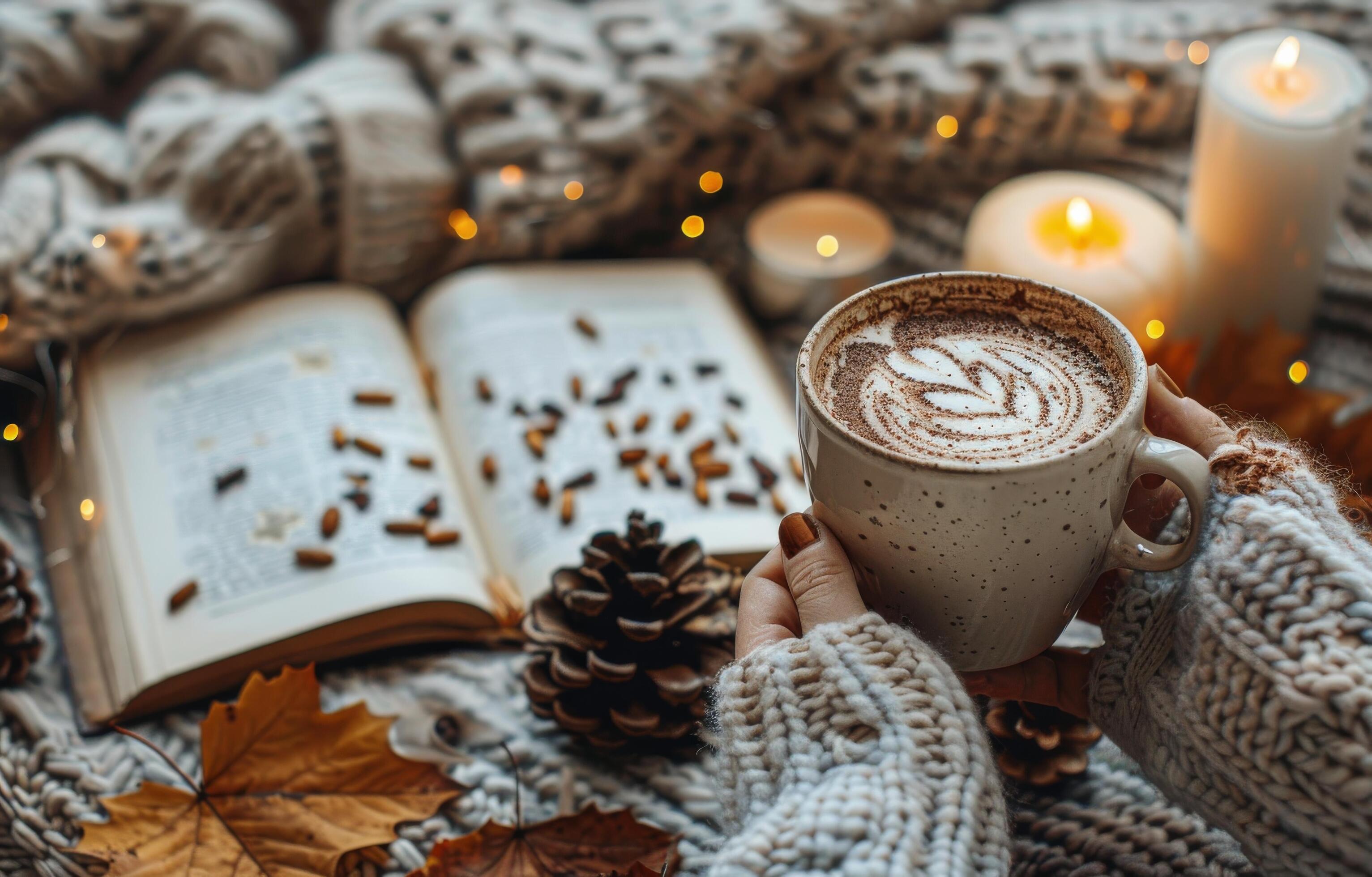 Cozy Winter Evening With Coffee, Candles, and Book Stock Free