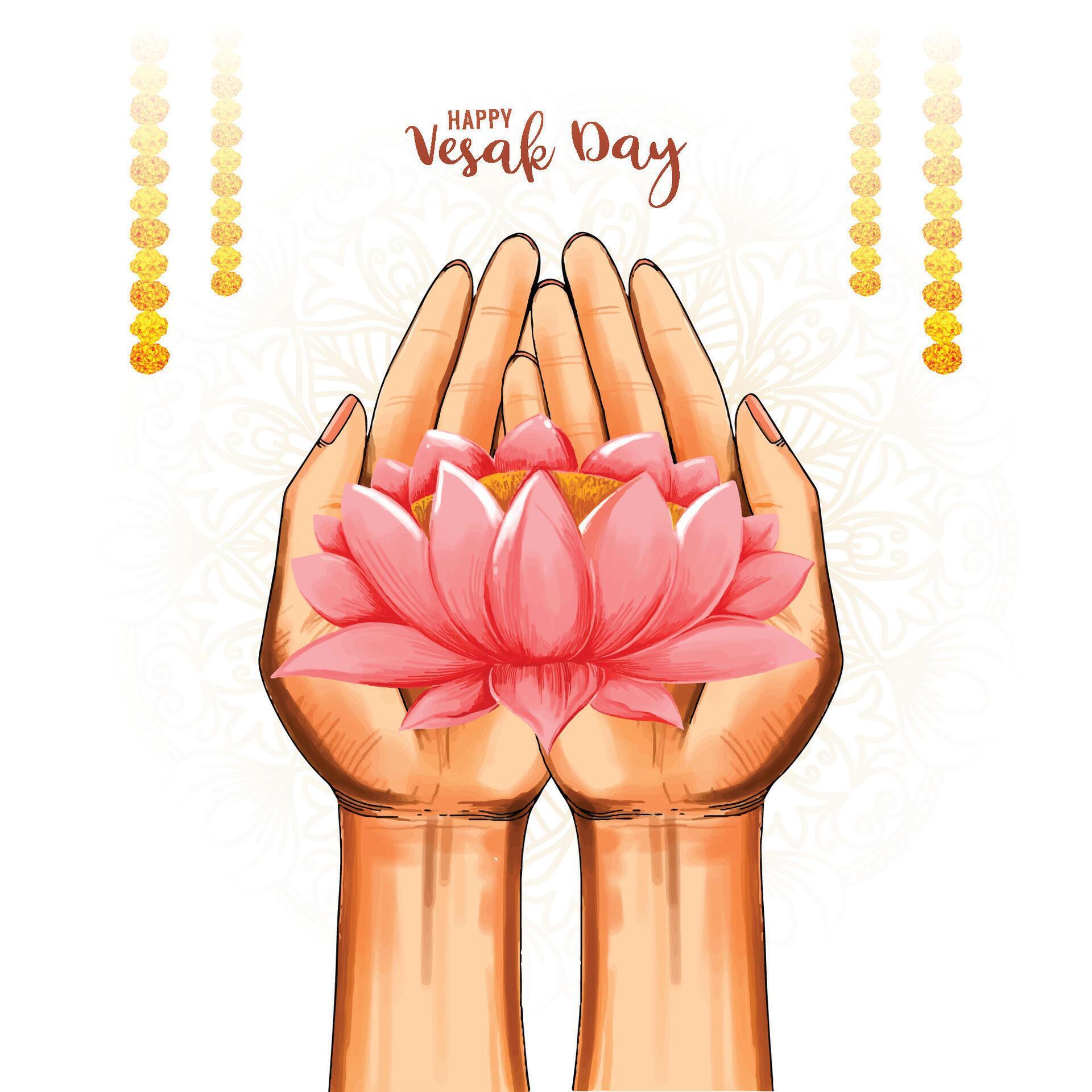 Buddha purnima or vesak card with hand holding lotus flower background Stock Free