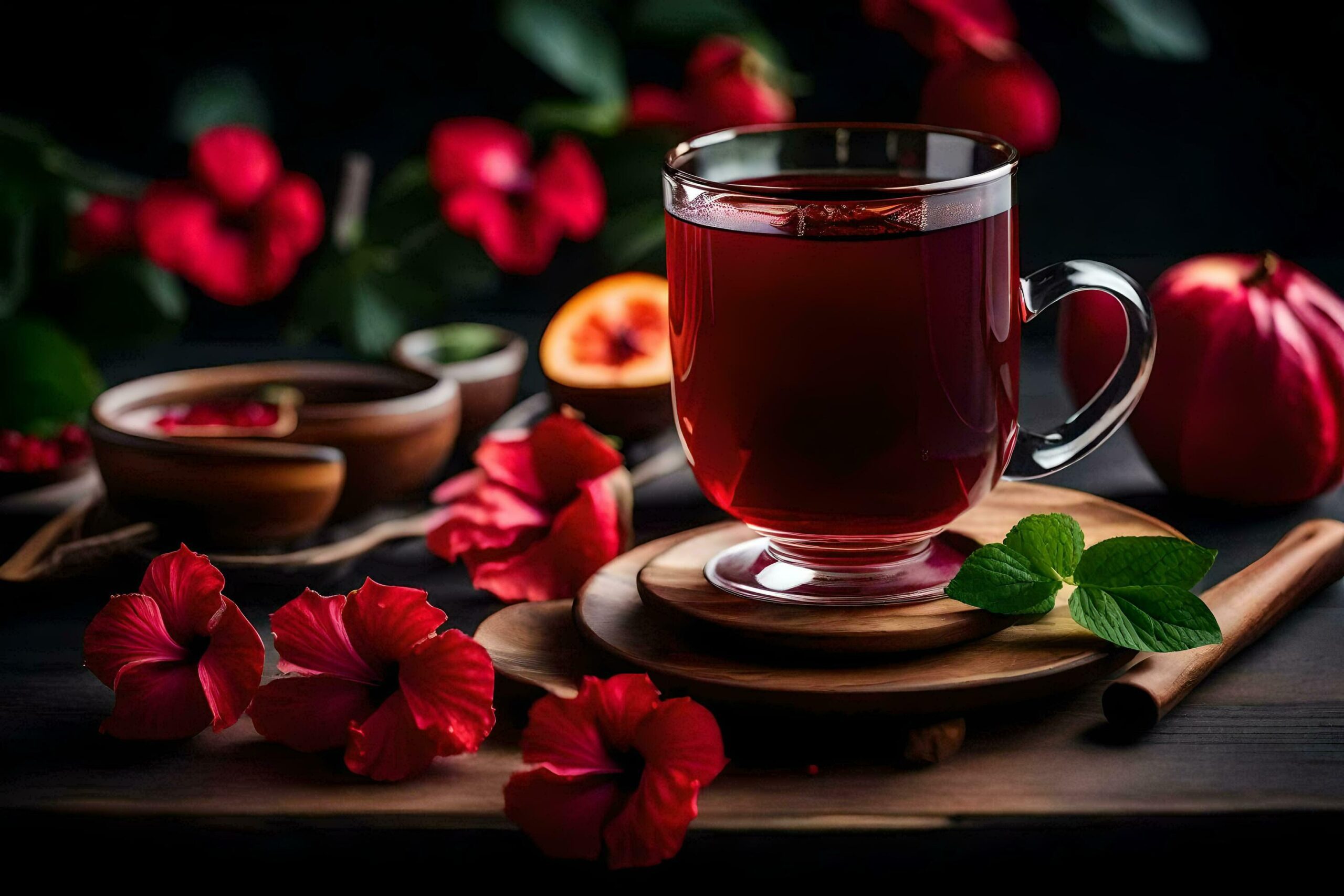 the tea cup with red flowers and leaves on the table Free Photo