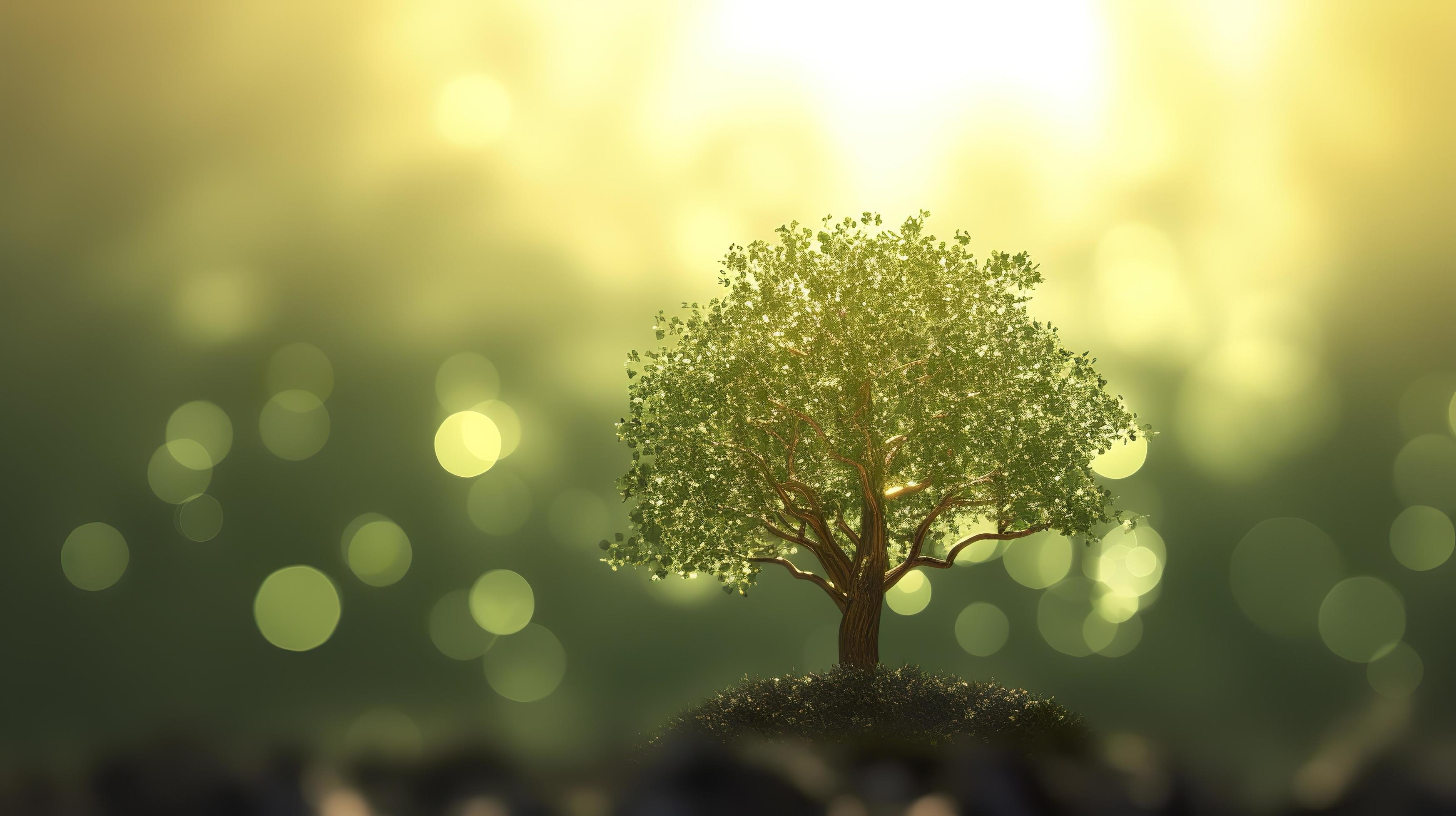 Free photo 3d background of the sun shining onto a tree against a bokeh background, generat ai Stock Free