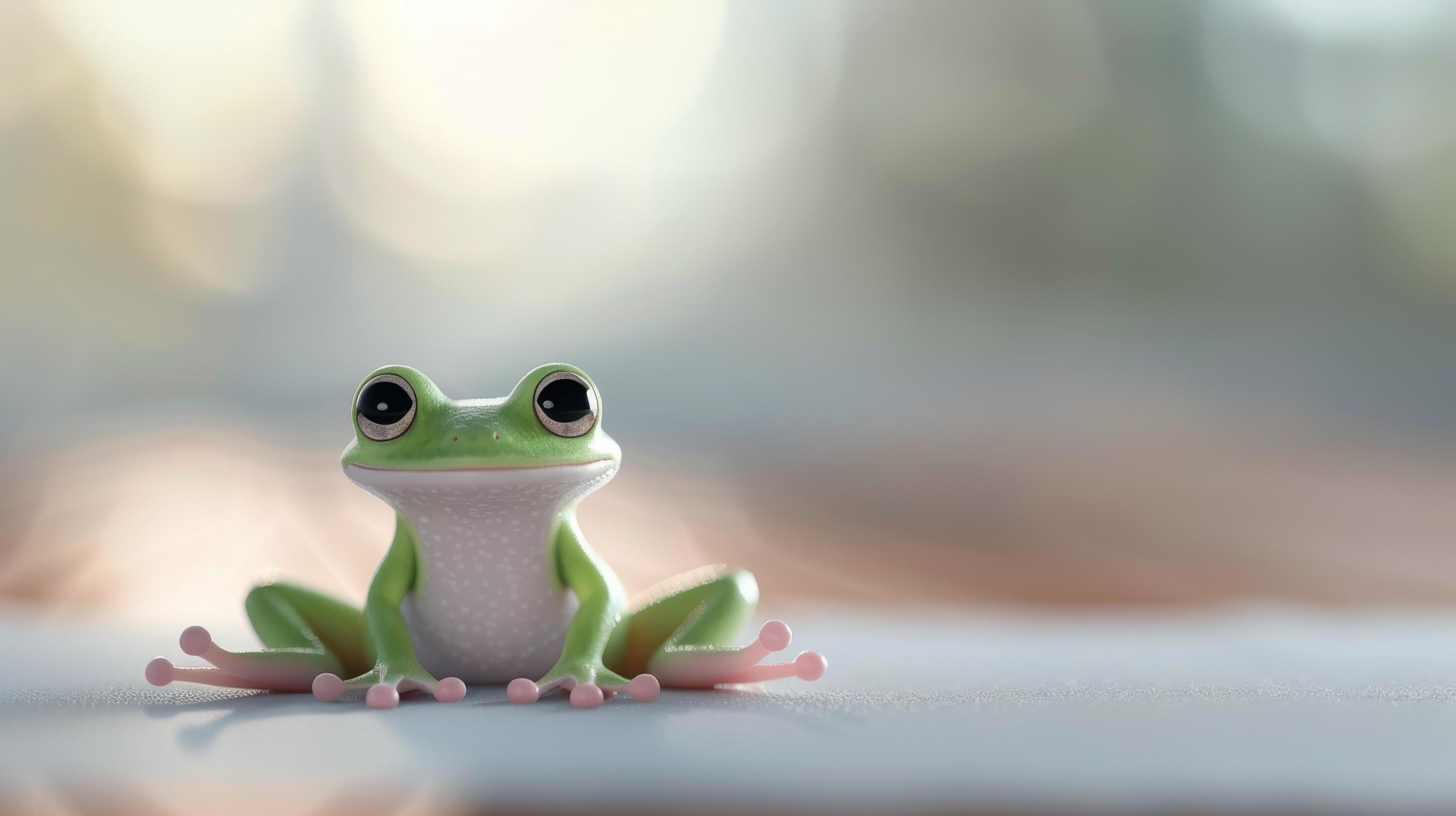 Green Frog Figurine Sitting on Soft Surface With Blurred Background Stock Free