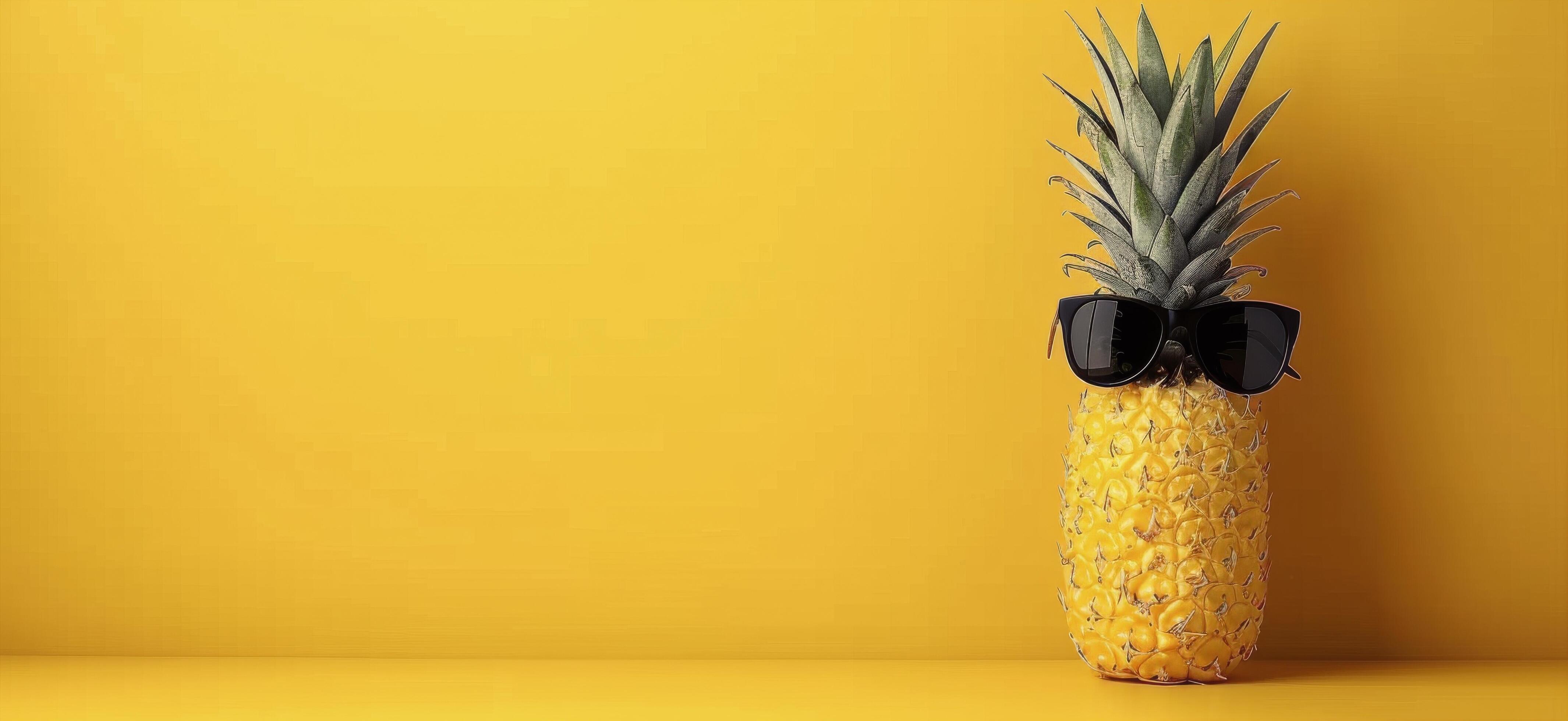 Pineapple Wearing Sunglasses on a Yellow Background With Tropical Leaves Stock Free