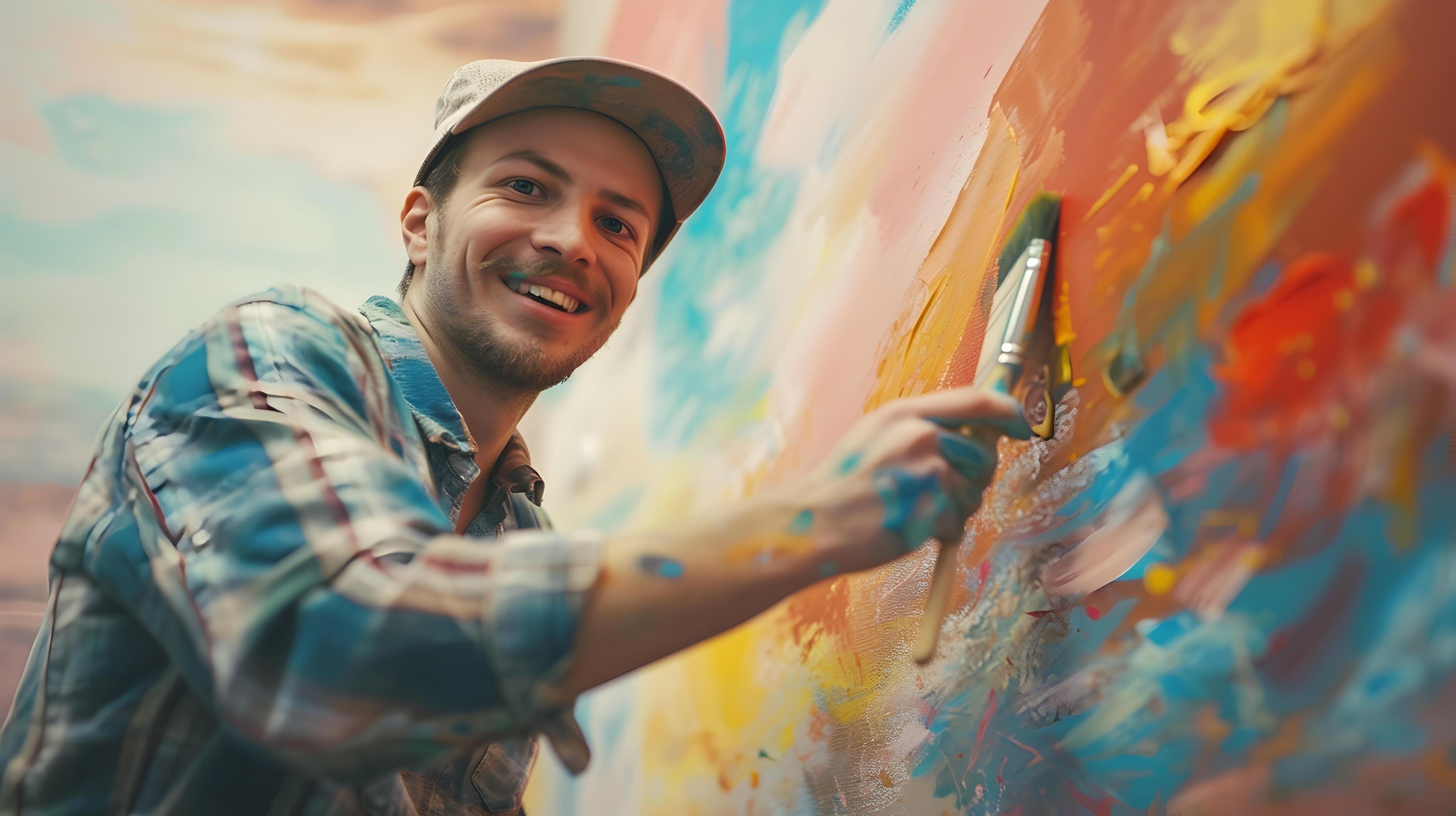 Joyful Young Painter Expressing Creativity Through Vibrant Street Art Stock Free