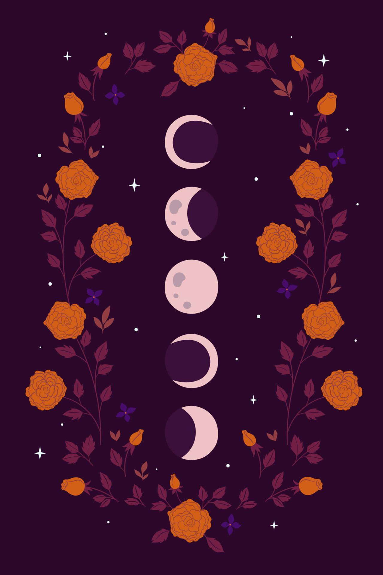 
									Moon phases and flowers on a purple background. Vector graphics. Stock Free