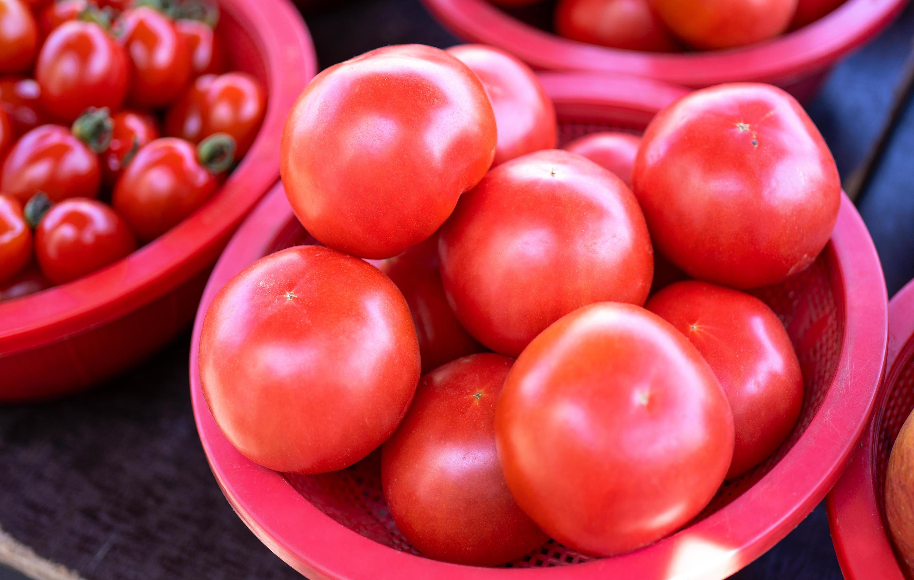 Delicious fresh tomatoes fruit vegetable food in red plastic basket at tradition market afternoon, Seoul, South Korea, harvest concept, close up. Stock Free