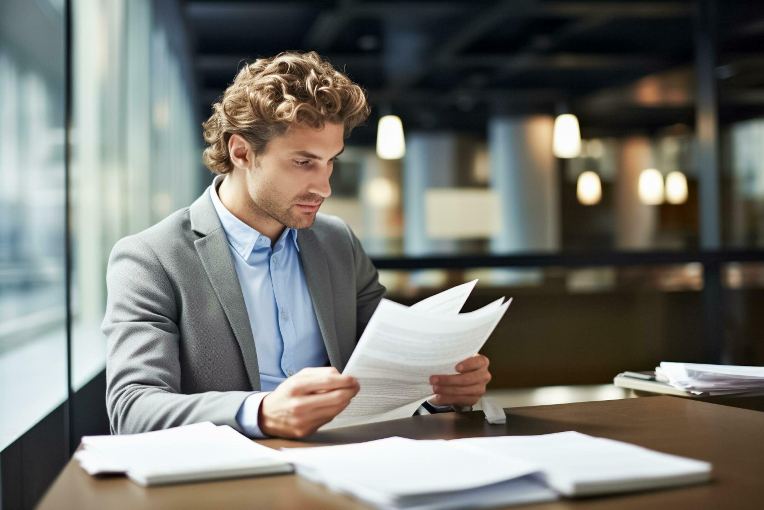 portrait of a handsome businessman holding document while working on a computer at his desk .AI Generated Free Photo