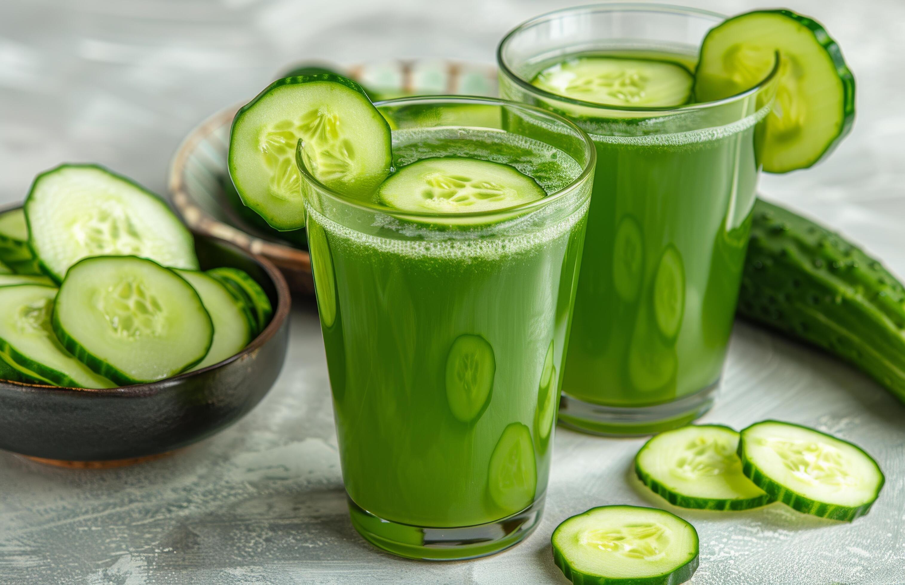 Refreshing Cucumber Juice With Sliced Cucumbers on a White Surface Stock Free