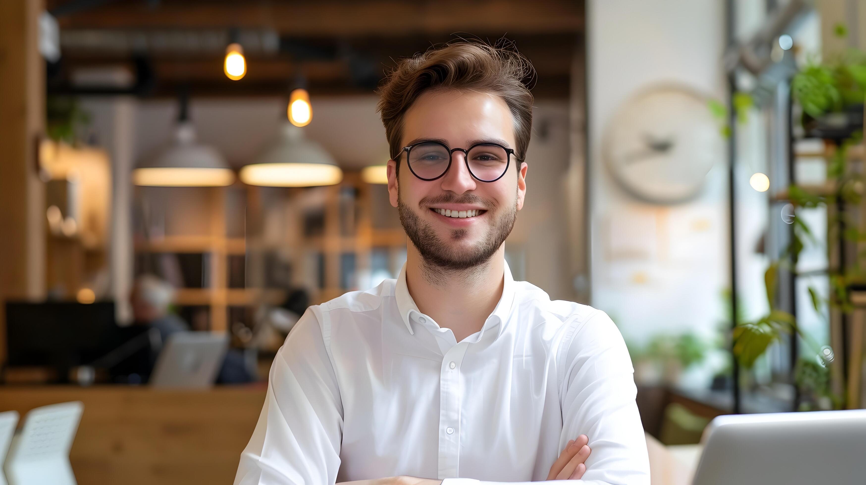 Young Confident Businessman Smiling in Modern Office Environment Stock Free