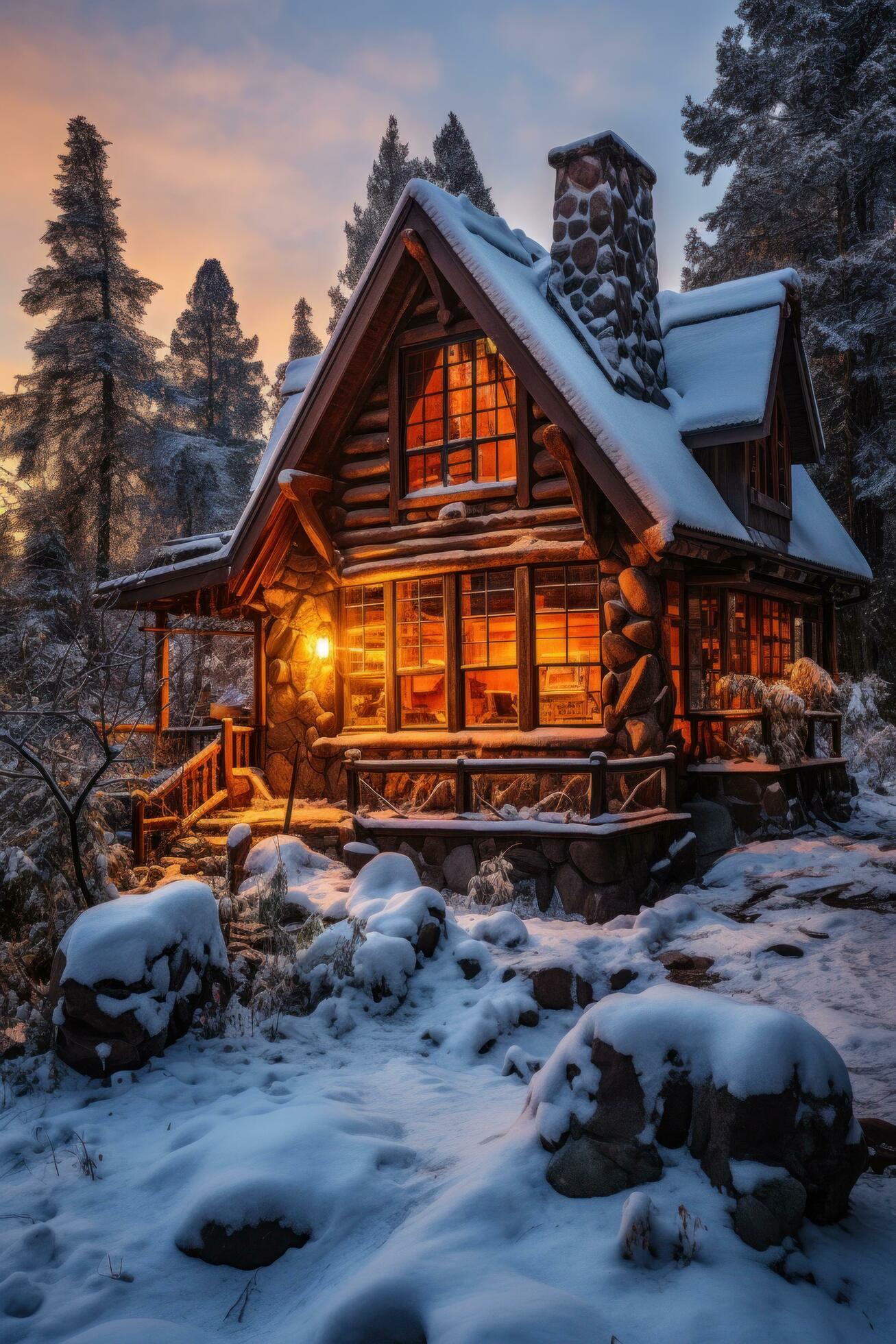 A rustic cabin with a smoking chimney sits in a snowy landscape, Free Photo