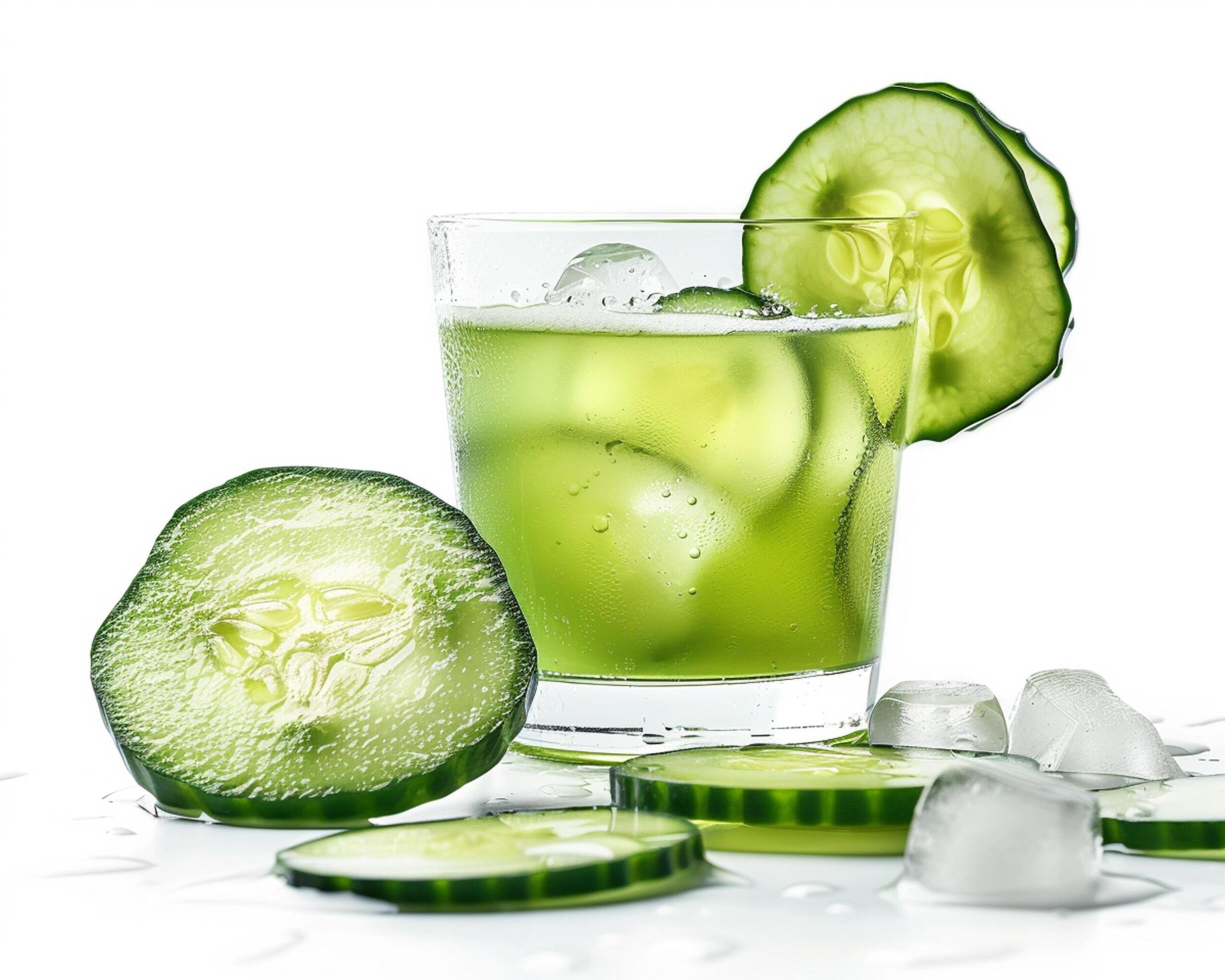 a glass of green juice with cucumber slices Stock Free