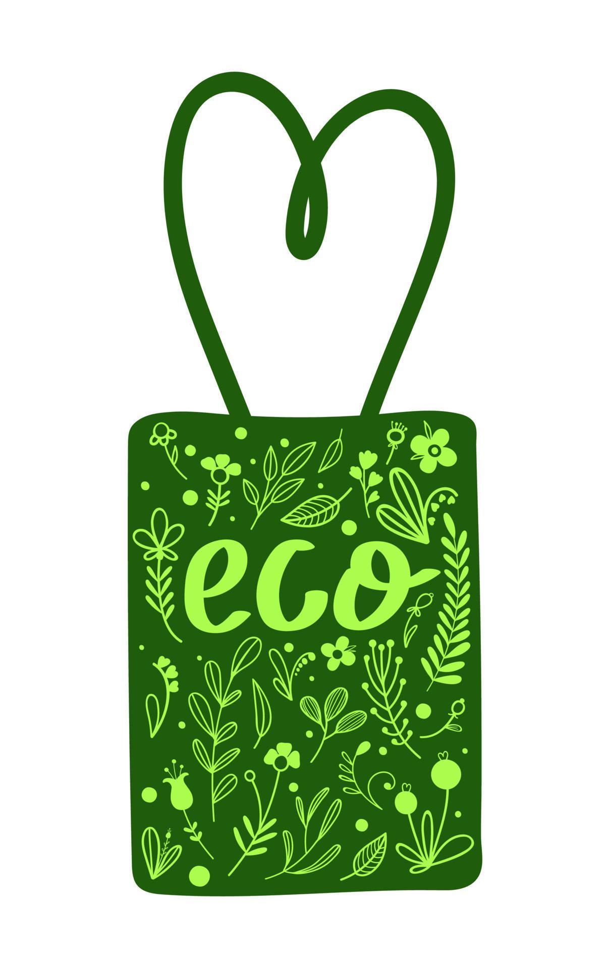 Eco bag. Hand drawn vector in doodle style. Green flowers and plants. Stock Free